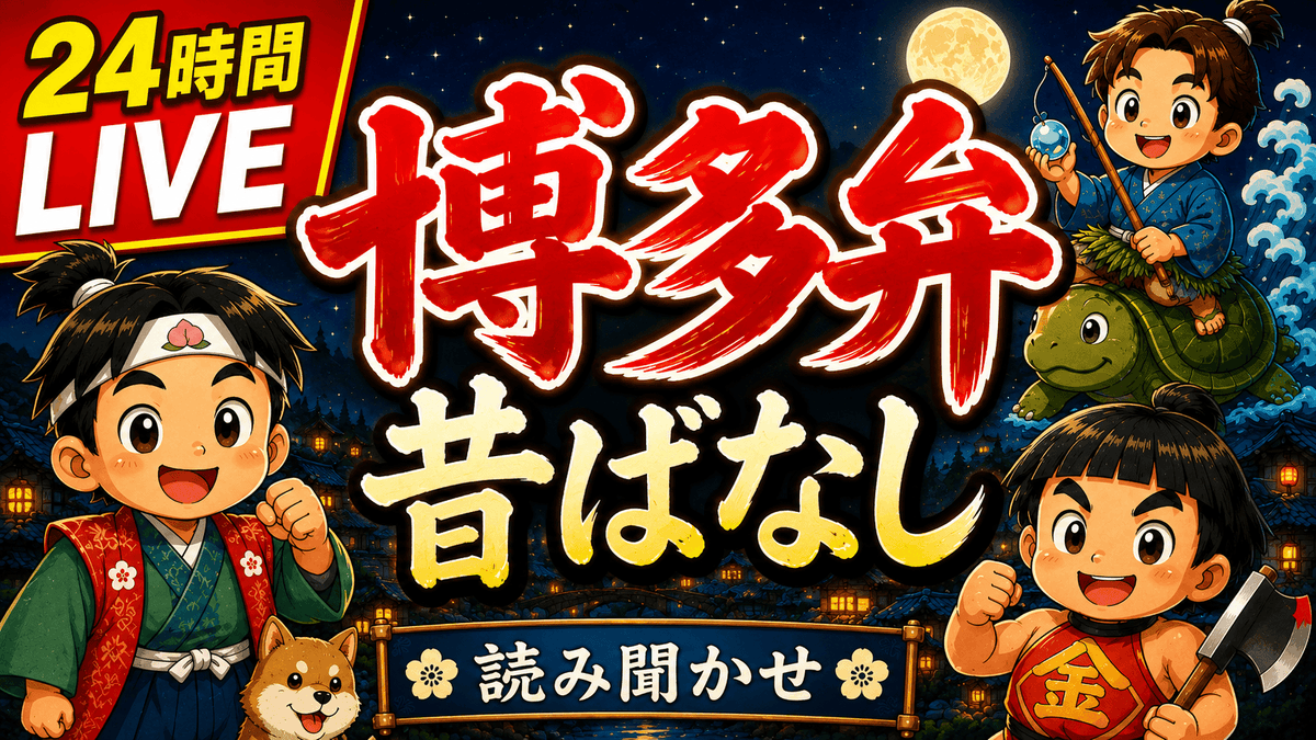 mutekingsan's tweet photo. 皆さんおはようございます！
今日も朝からむてきんぐの博多弁昔ばなしを２４時間エンドレスで流していきます！
ご家族そろって笑ってみて下さい！

＃博多弁昔ばなし
＃むてきんぐ

【24時間LIVE】博多弁で聞く日本の昔ばなし｜ゆっくり楽しむ読み聞かせ配信
https://t.co/vIspmBKggt https://t.co/40lJ6wwsWA