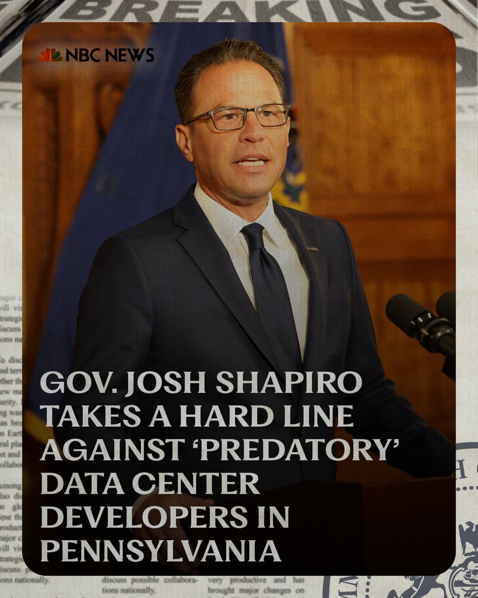 GovernorShapiro's tweet photo. We’re not going to let greedy developers bully their way into our communities in order to build reckless AI data centers.

If you want to build here in Pennsylvania, you’re going to need to follow the strictest standards in the nation — or you better find somewhere else. https://t.co/IMd5OSeZ1R
