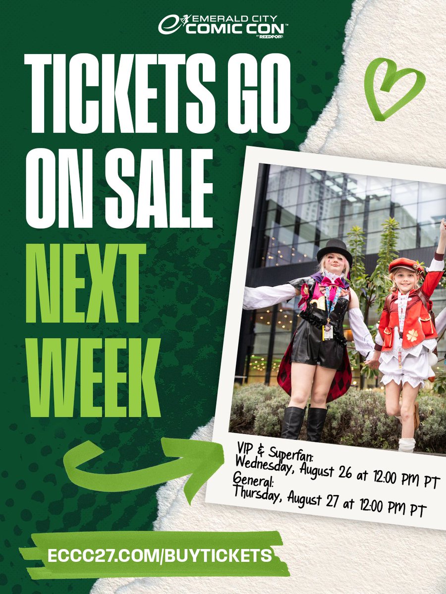 emeraldcitycon's tweet photo. ECCC 2027 tickets go on sale next week!

💚VIP & Superfan Presale begins Wednesday, August 26 at 12:00 PM PT 
💚General On Sale begins Thursday, August 27 at 12:00 PM PT
We can't wait to welcome you all back to Seattle March 4-7, 2027! Make your plans now and thank yourself later.

Want access to the presale? Learn more about how to become a Popverse Superfan by clicking the link in bio!