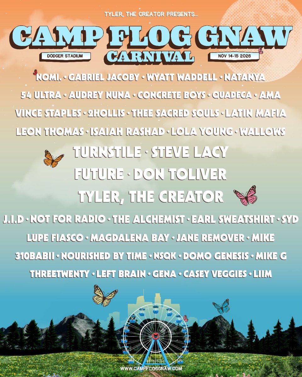 aoty's tweet photo. The 2026 Camp Flog Gnaw lineup is here.  Who are you excited to see? https://t.co/3N2SW4rZC0