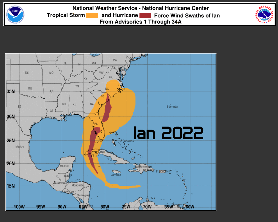 TheQuackinator4's tweet photo. Wind swath comparison of Hurricanes #Charley 2004 vs #Ian 2022, via @NOAA https://t.co/xrUANd9ptP