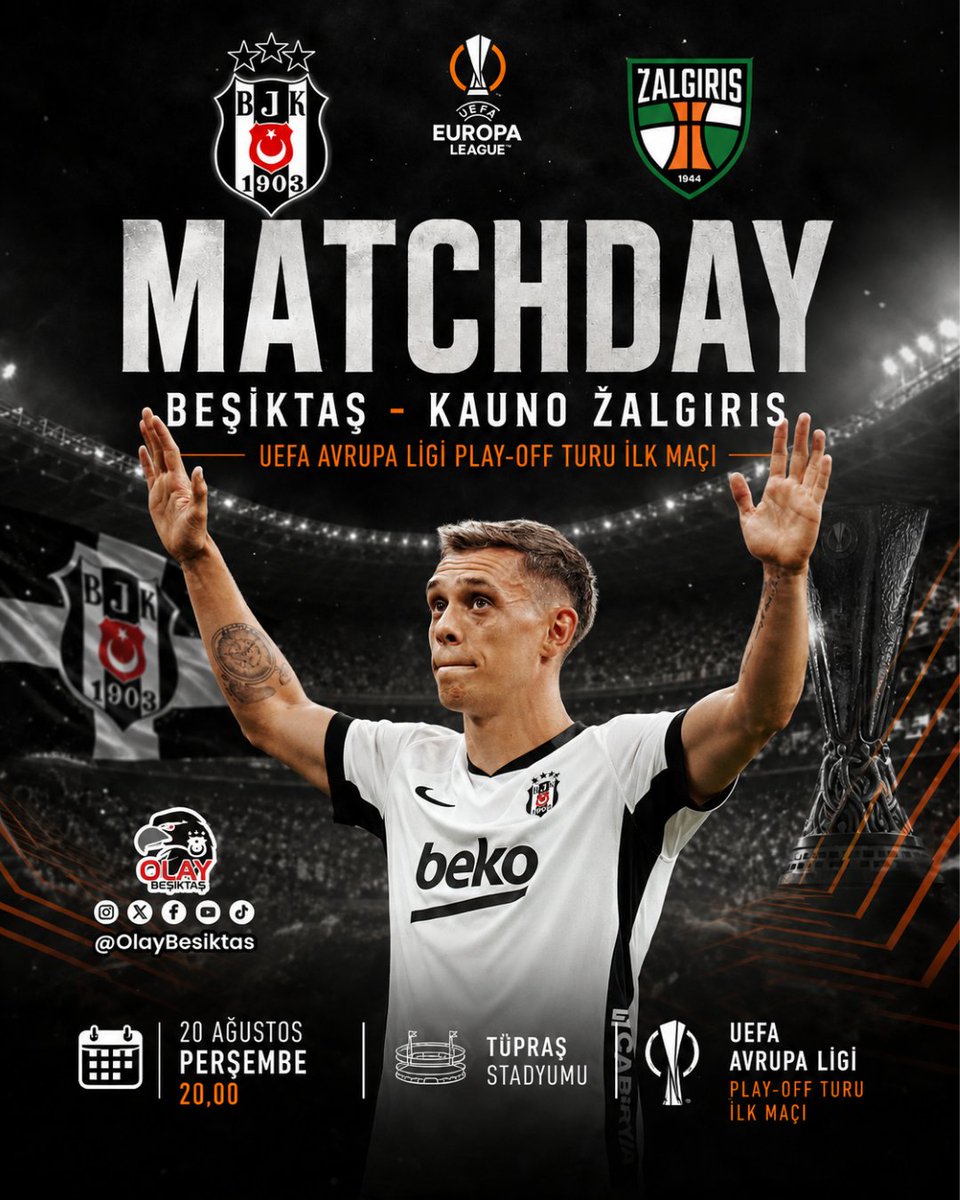 OlayBesiktas's tweet photo. 🦅 #BeşiktaşınMaçıVar
🏆 Uefa Avrupa Ligi Play-Off Turu İlk Maçı
🆚 Kauno Zalgiris
⏰ 20.00
🏟️ Tüpraş Stadyumu
📺 S Sport Plus

#Beşiktaş #UEL #BJK https://t.co/ZsODqGwZkj