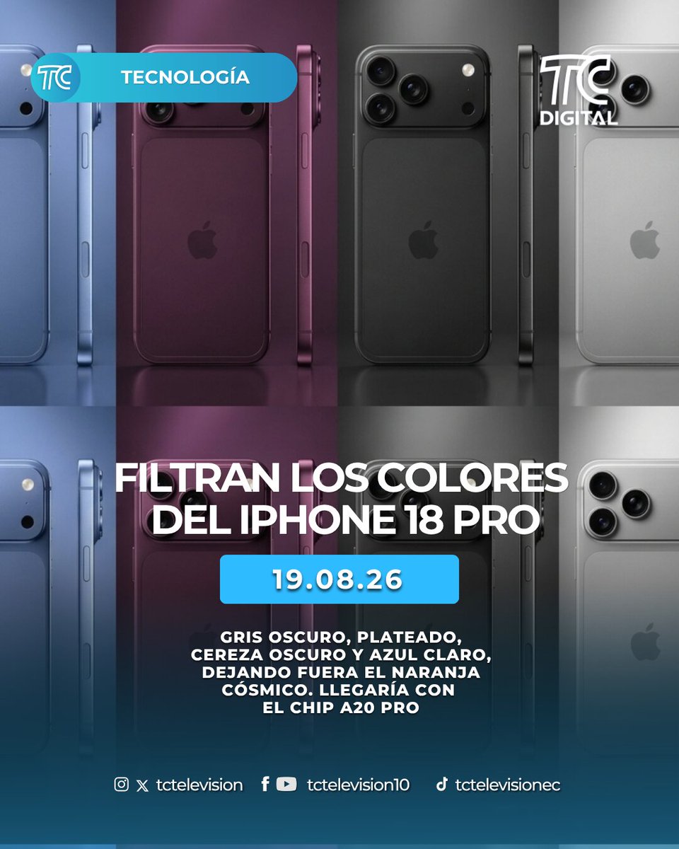 tctelevision's tweet photo. Se filtran los 4 colores del iPhone 18 Pro: gris oscuro, plateado, cereza oscuro y azul claro, dejando fuera el naranja cósmico. Llegaría con el chip A20 Pro de 2 nanómetros, más potente y eficiente.

Más noticias en https://t.co/AqroxRlbJS https://t.co/hkm0UR1Haj