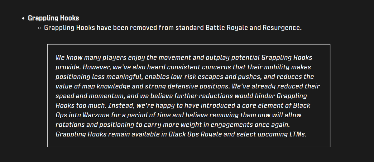 frantumato's tweet photo. Grappling Hooks have been a fun addition and created some great movement and outplays.

But we believe BR &amp; Resurgence benefit most when positioning, rotations, and map knowledge carry more weight in engagements. Removing them from these modes is an important step toward that. https://t.co/TD5dsHJG1g