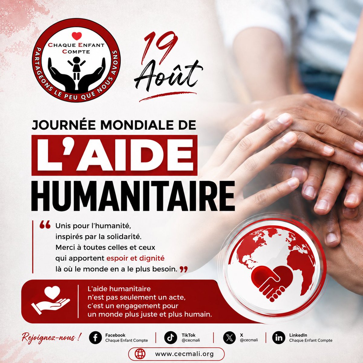 cec_mali's tweet photo. En cette Journée mondiale de l’aide humanitaire, nous saluons celles et ceux qui s’engagent chaque jour à apporter espoir, dignité et soutien aux personnes qui en ont le plus besoin.

Merci à toutes et tous pour votre engagement en faveur d’un monde plus juste et plus humain. https://t.co/y2wzT3c5jX