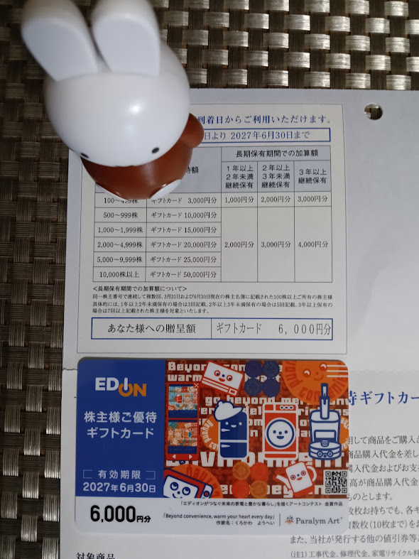 18D3YLJfJJ39526's tweet photo. #エディオン(2730) からギフト券頂きました。100株保有で3000円、1年以上4000円、2年5000円、3年以上保有で6000円分頂けます。ネットショップで日用品に利用可能😊配当利回2.0%、優待利回1.2%(🔼長期2.4%)、総合利回3.2%。エディオンさんありがとうございます
#株主優待 #株クラ #経営統合でどうなる？ https://t.co/oED25z0nok