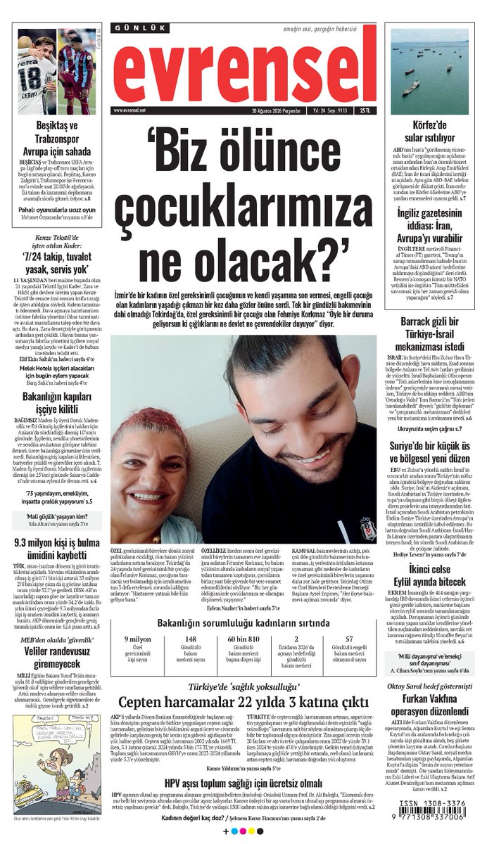 evrenselgzt's tweet photo. 🗞️ ‘Biz ölünce çocuklarımıza ne olacak?’

İzmir’de bir kadının özel gereksinimli çocuğunun ve kendi yaşamına son vermesi, engelli çocuğu olan kadınların yaşadığı çıkmazı bir kez daha gözler önüne serdi. Tek bir gündüzlü bakımevinin dahi olmadığı Tekirdağ’da, özel gereksinimli bir çocuğu olan Fehmiye Korkmaz “Öyle bir duruma geliyorsun ki çığlıklarını ne devlet ne çevrendekiler duyuyor” diyor.

📌 Evrensel bayilerde
