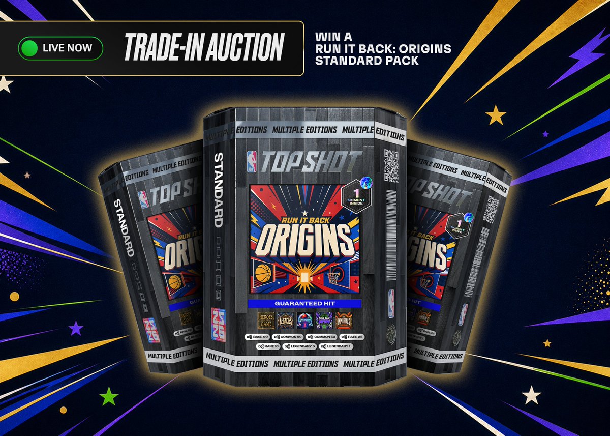 NBATopShot's tweet photo. Your collection is your ticket to the upcoming Run it Back drop!

Trade-In Auction Live Now
https://t.co/rEKubFrMWV

Turn your Common &amp; Fandom historical Moments into Run It Back: Origins Standard Packs https://t.co/SpizD0O9iT