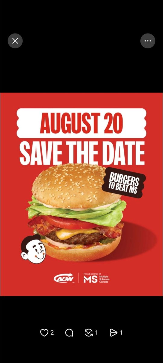 Elliotthemooose's tweet photo. Tomorrow is Beat MS Day at @AWCanada if you are able to please go buy a Teen burger or two. 
Canada has the highest rate for MS in the entire world. There is a good chance you know someone who has MS. So tomorrow go eat a burger for em, know I'll be eating burgers all day! https://t.co/Nkf5tVLAfN