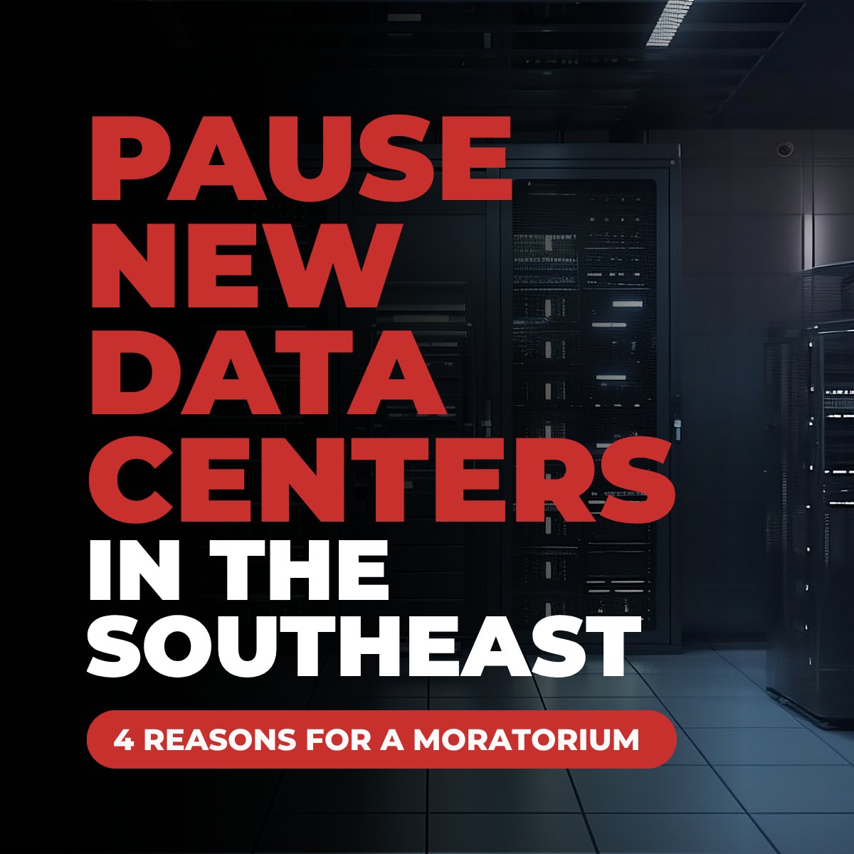 cleanenergyorg's tweet photo. Unwanted noise, air pollution, wasted water. The Southeast needs a data center moratorium NOW 🚫 SACE is calling for an 18-month moratorium on new large data centers, so our region can proactively set the terms of this buildout instead of inheriting the costly risks.
