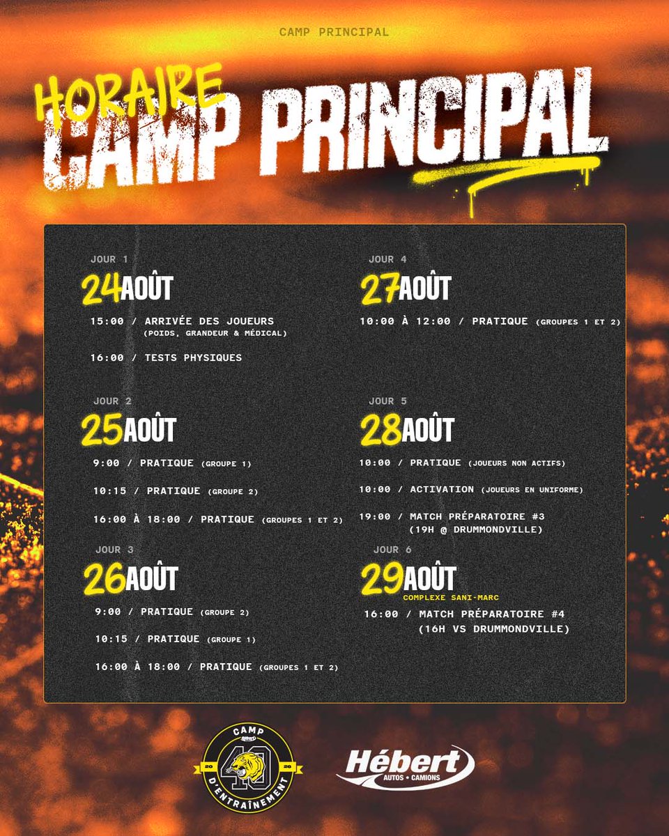 TigresVicto's tweet photo. Voici l'horaire du camp principal des Tigres! 🏒🐯

*à noter que les entraînements se tiendront au Colisée Desjardins! https://t.co/Us44EgUmIu