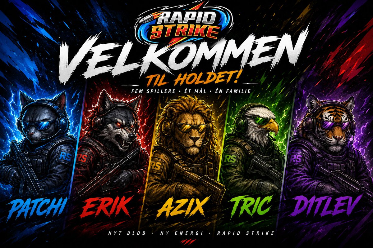 Rapid_Strike_'s tweet photo. Vi vil gerne byde velkommen til vores nye lineup:

@Ditlevvv 
@tricngt 
@ErikBaden07 
@WhiteJulianW 
#azix

I kan finde dem under navnet Rapid Strike i 3 Div til næste sæson ! https://t.co/Werbkc3xwN