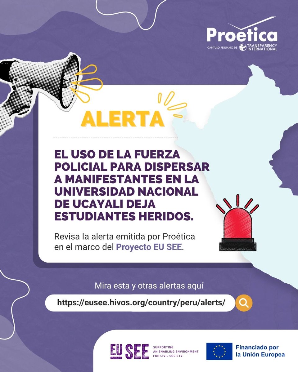 ProeticaPeru's tweet photo. Proética emitió una alerta sobre los hechos ocurridos la noche del 6 de julio durante una nueva jornada de protestas en la Universidad Nacional de Ucayali (UNU). Durante la intervención, agentes de la Policía utilizaron gas lacrimógeno y fuerza física para dispersar a los manifestantes, mientras algunos estudiantes respondieron con gritos y empujones.

Representantes estudiantiles denunciaron, además, que agentes policiales se habrían hecho pasar por estudiantes para provocar disturbios. La intervención dejó al menos diez estudiantes heridos, quienes presentaron hematomas y múltiples contusiones.

📌 Revisa esta y otras alertas sobre hechos que afectan o podrían afectar el ambiente habilitante para la sociedad civil, con el objetivo de visibilizar los posibles riesgos e impulsar acciones de incidencia. Esta acción se elabora en el marco del proyecto EU SEE, con el apoyo financiero de la Unión Europea en Perú. 👉 https://t.co/e3G1lPTo5H