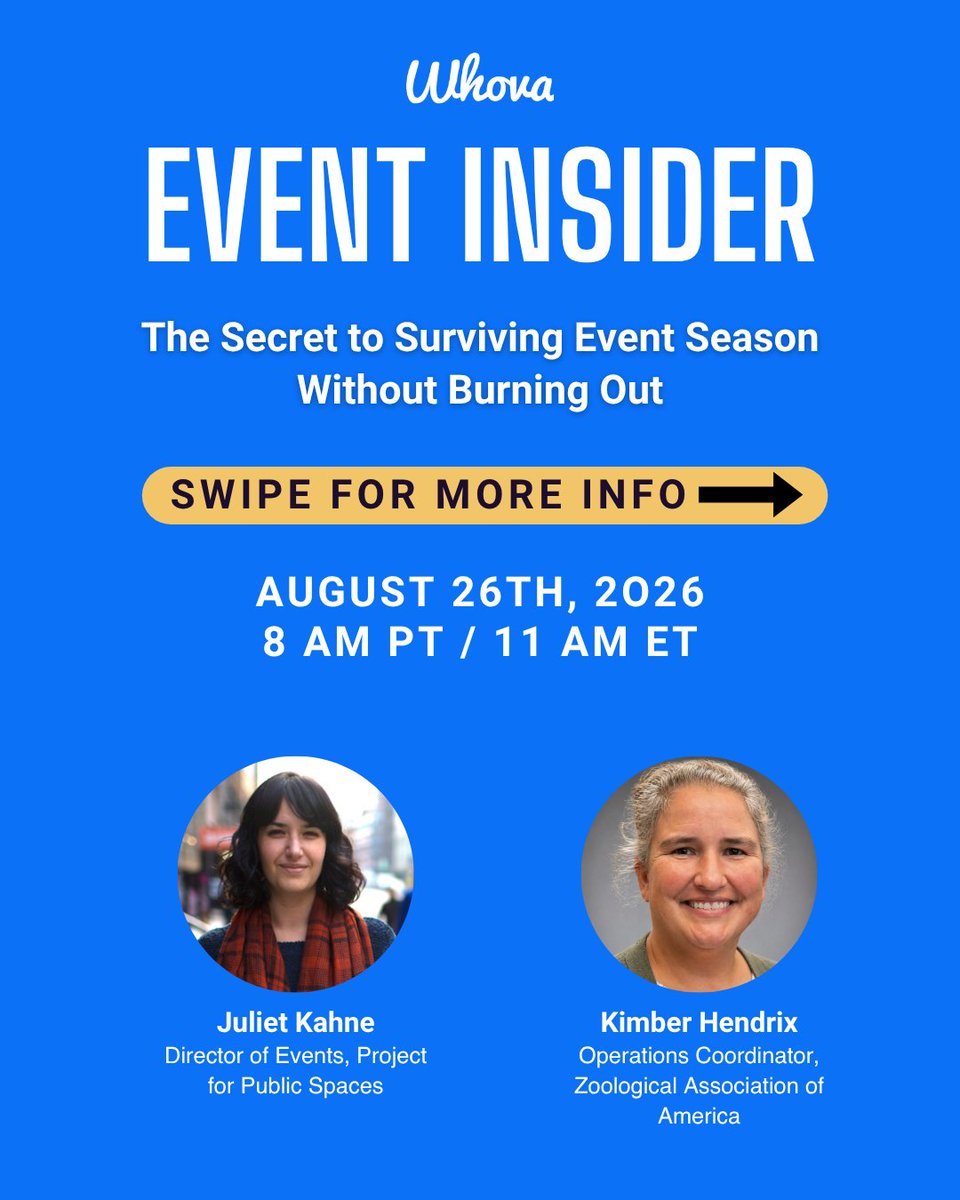 WhovaSupport's tweet photo. How do experienced event organizers avoid burnout? We'll discuss that and more in our panel, “The Secret to Surviving Event Season Without Burning Out.”

When: Wed, Aug 26th @ 8 AM PT / 11 AM ET

Speakers: Juliet Kahne and Kimber Hendrix

Sign up here: https://t.co/nxGH7SjdEV https://t.co/2MAv3paF11