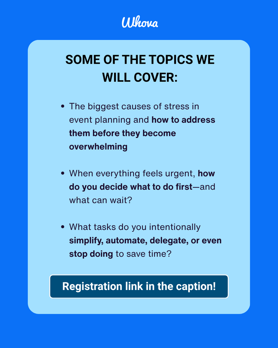 WhovaSupport's tweet photo. How do experienced event organizers avoid burnout? We'll discuss that and more in our panel, “The Secret to Surviving Event Season Without Burning Out.”

When: Wed, Aug 26th @ 8 AM PT / 11 AM ET

Speakers: Juliet Kahne and Kimber Hendrix

Sign up here: https://t.co/nxGH7SjdEV https://t.co/2MAv3paF11