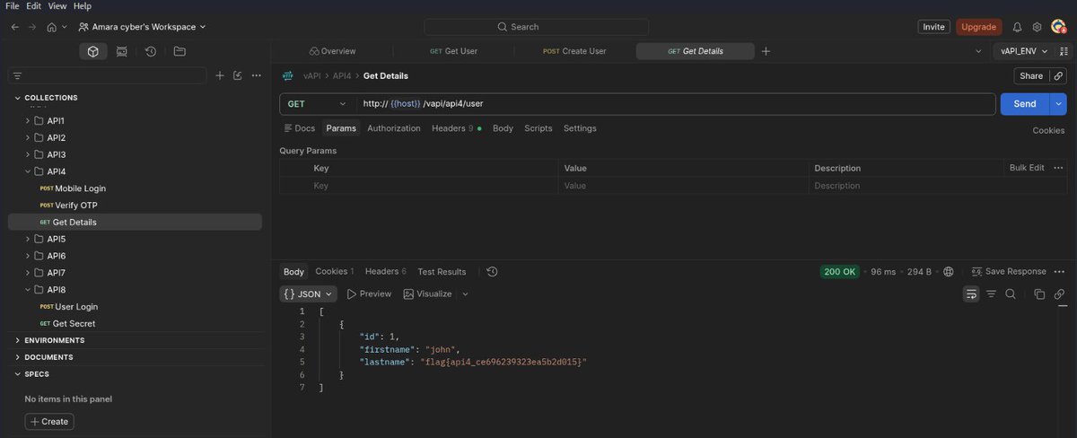 _Amarachick's tweet photo. Day 7/30 ✅ #30DaysStudyChallenge
Completed API5 in vAPI.
Using a normal user token, I accessed Get All Users and received every user record, including the admin record and flag.
Lesson: A valid token is not enough—APIs must check user roles too.
#30DaysStudyChallenge #APISecurity