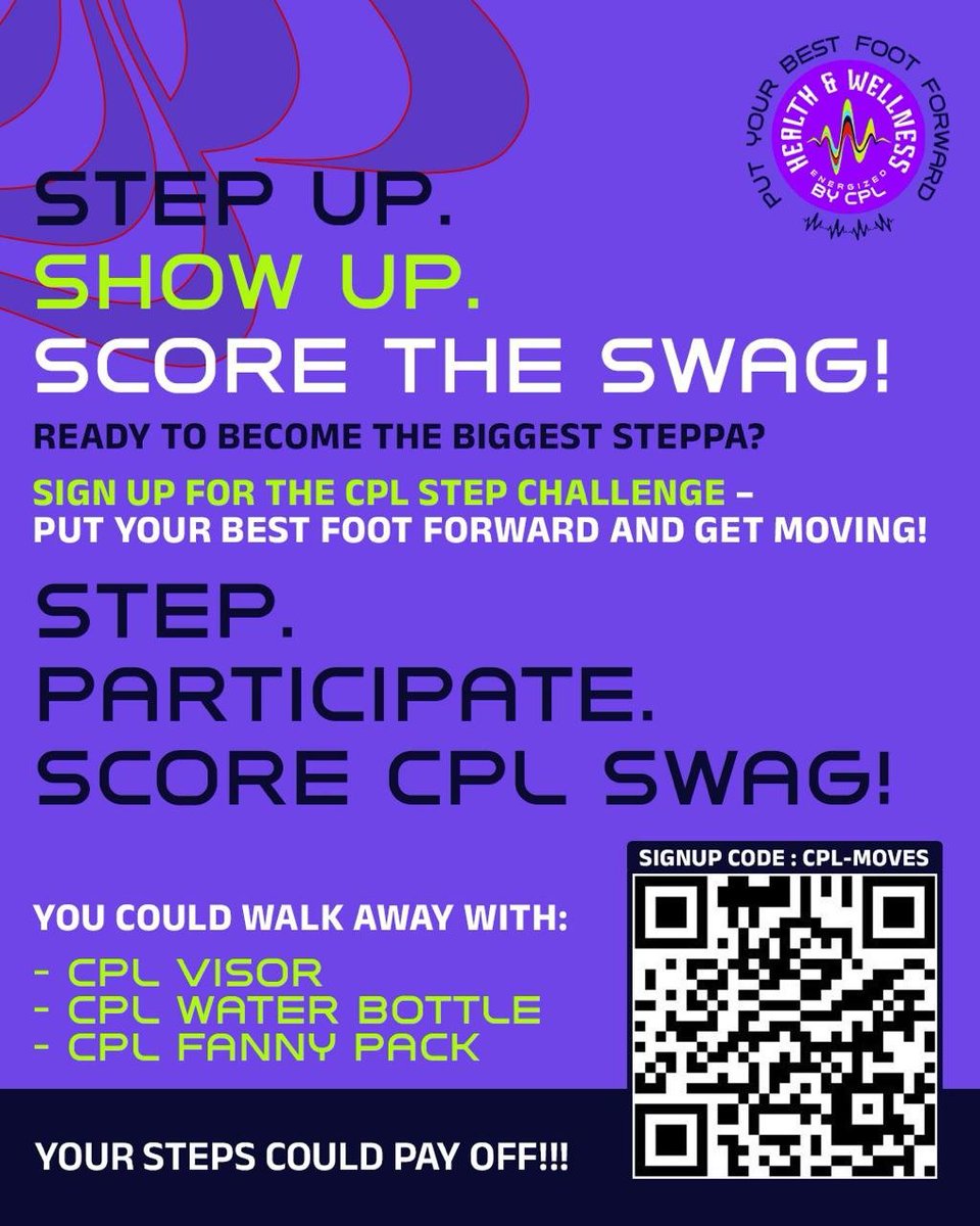 CPL's tweet photo. STEP UP. SHOW UP. SCORE THE SWAG! ππ
Ready to become the BIGGEST STEPPA?πͺπΎ
Our CPL Step Challenge β Put Your Best Foot Forward is ON!πΆπΎββοΈπΆπΎββοΈ
Rack up those steps, stay active and you could score some CPL swag! π
#CPL26 #CPLT20 #CPLStepChallenge #PutYourBestFootForward #CPLMoves https://t.co/VrFKEDKMnc