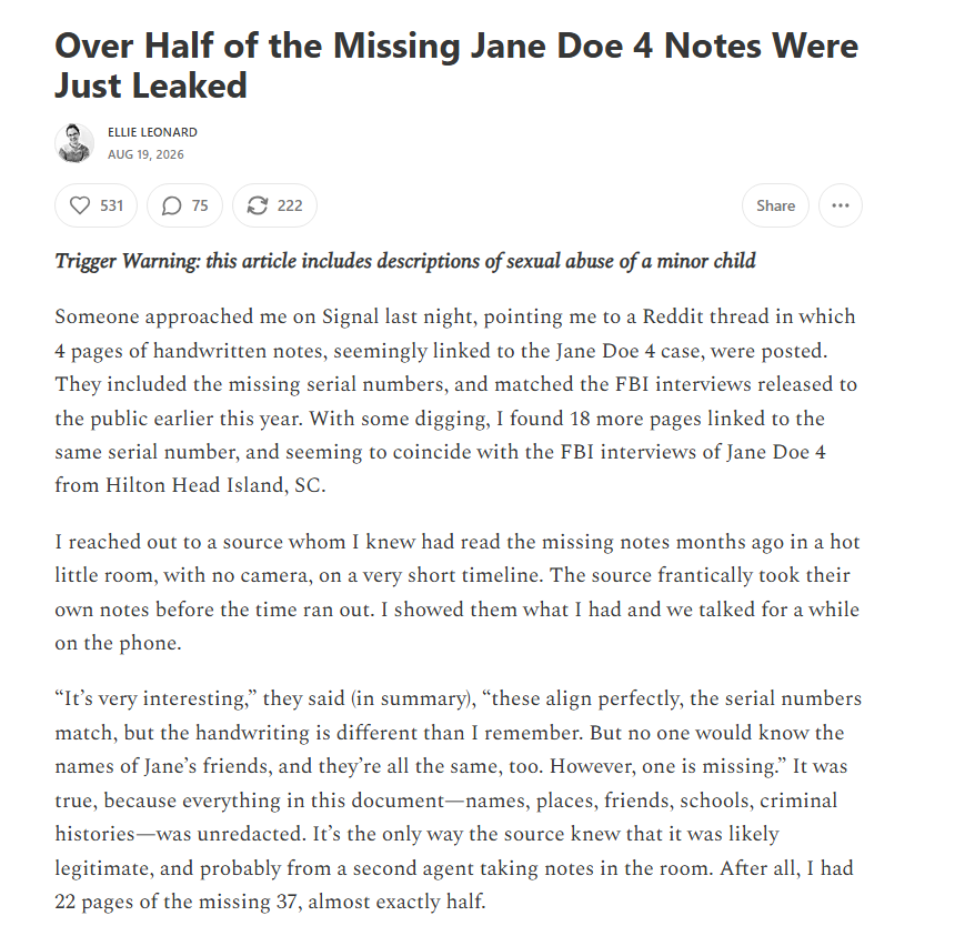 smalls2672's tweet photo. Over Half of the Missing Jane Doe 4 Notes Were Just Leaked and they got Trump's name all over them. link in comments. https://t.co/EdBThEuCXy