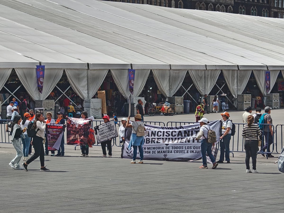 israellorenzana's tweet photo. #ÚLTIMO Un grupo de manifestantes en favor del refugio de perritos y gatos franciscanitos se manifiestan en la plancha del zócalo capitalino desde donde piden justicia para los #franciscanitos y que regresen al refugio !! Con pancartas y lonas esperan ser atendidos por las autoridades #CDMX @Ref_Franciscano