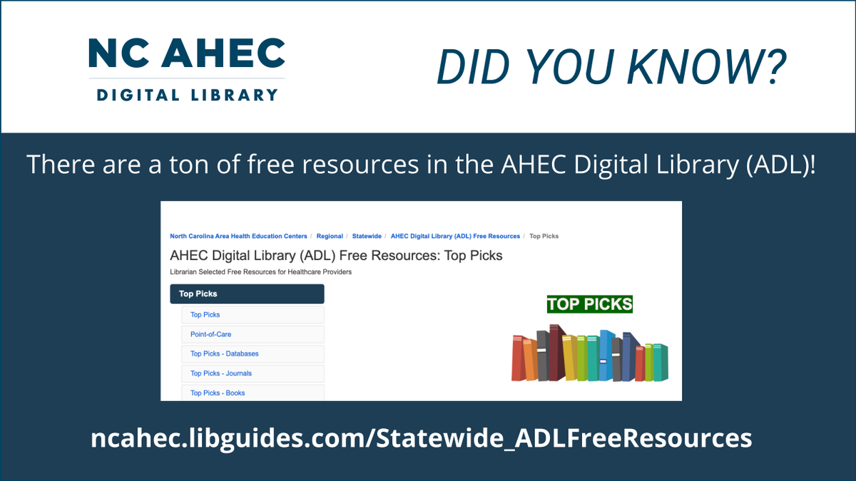 ncahec's tweet photo. 📚 NC AHEC Library Services
🔎 DID YOU KNOW? | AHEC Digital Library (ADL): Free Resources
Did you know there are a ton of free resources in the AHEC Digital Library (ADL)? Many of them, like MedScape, MedLine Plus, and Merck Manual, can be directly accessed from the ADL Free Resources homepage at https://t.co/EEsBNBmrdV. Others, like Essential Evidence Plus, require you to sign into your individual account at
https://t.co/ocMHkIY4Io.

Need an individual account? No problem! Visit https://t.co/3Vrjf54UKr for complete details and instructions. Once connected, gain access to high-quality health information that supports your learning!