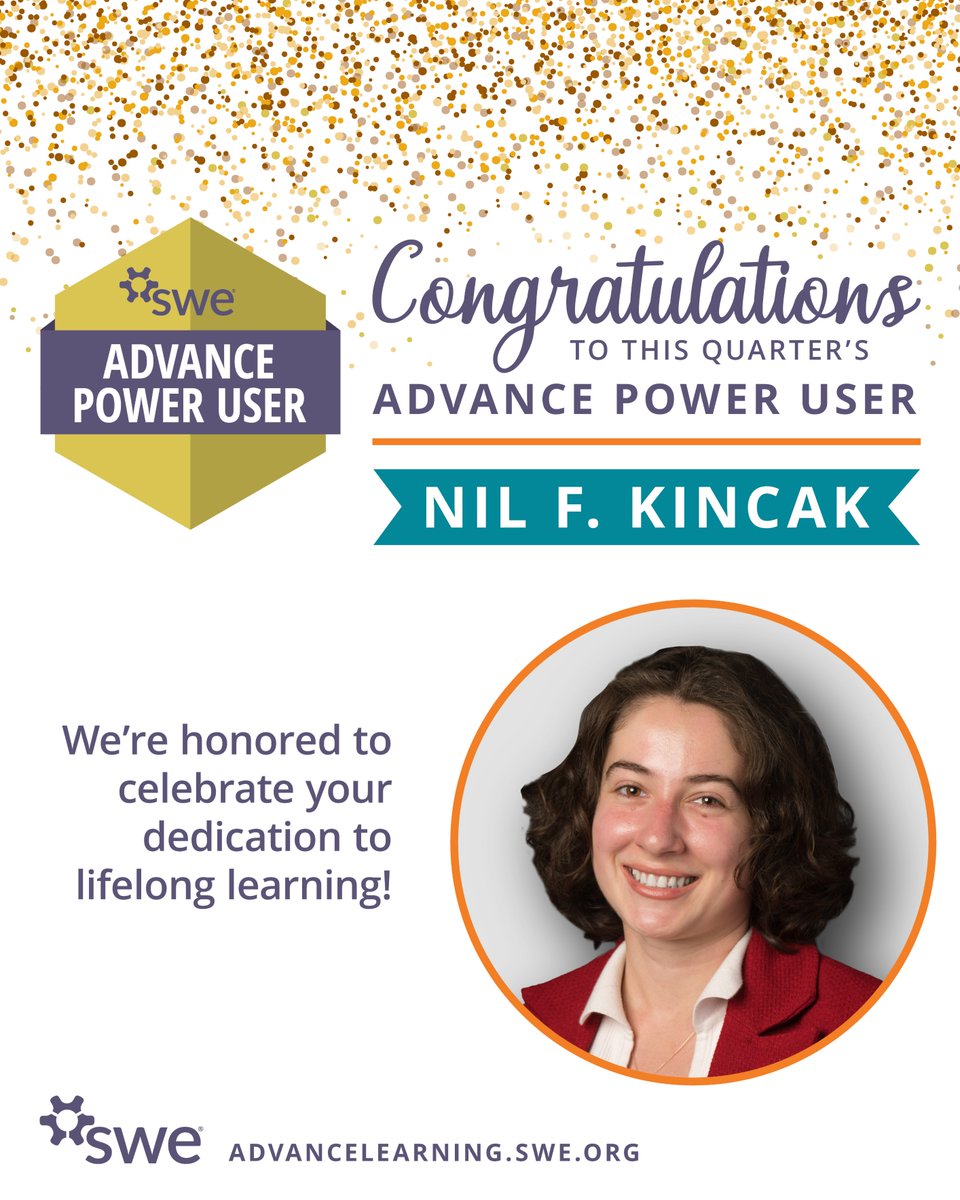 SWEtalk's tweet photo. Congratulations to Nil Kincak, this quarter’s SWE Advance Power User! 🎉

Nil’s commitment to continued learning and professional development stood out through her engagement with SWE’s Advance Learning Center.

Explore SWE's ALC: https://t.co/6TLKxMvkG3 https://t.co/5W31ZhEOdT