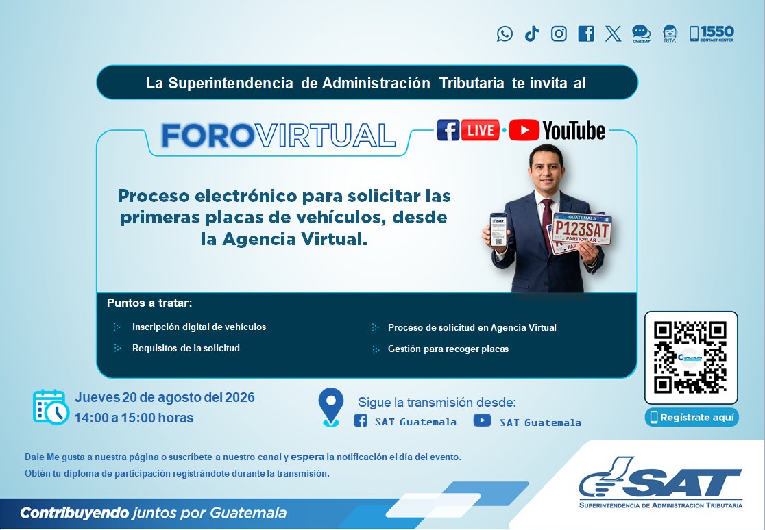 SATGT's tweet photo. 🚗🏍️ ¡Placas en línea!
Te invitamos a participar en el #ForoVirtual 'Proceso electrónico para solicitar primeras placas de vehículos desde #AgenciaVirtual', en el que ampliaremos información de la inscripción, requisitos y proceso que debes completar en pocos pasos.
📅 jueves 20 de agosto 2026
🕚 14:00 a 15:00 horas
💻 Regístrate en ➡️ https://t.co/J5wgJEXsFy
🎥 Sigue nuestra transmisión en redes sociales