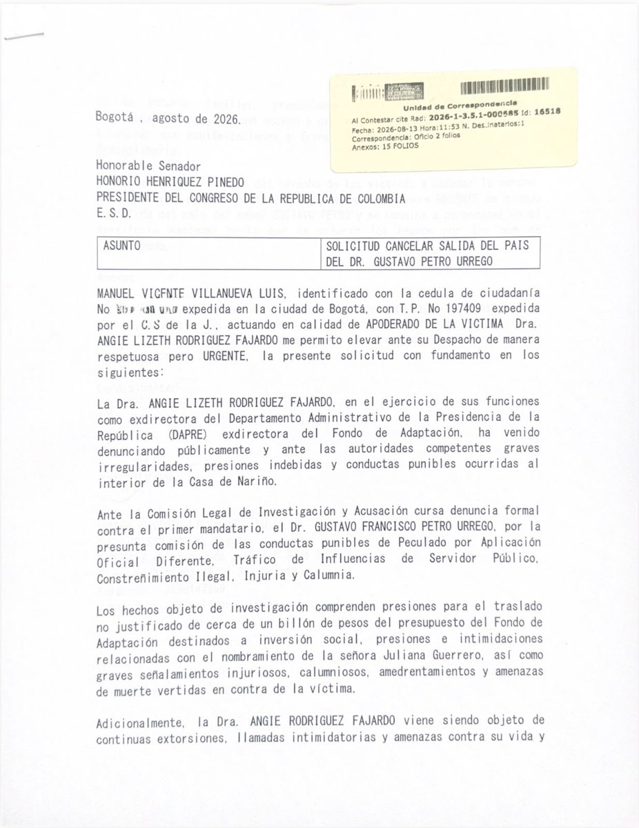 lafm's tweet photo. ⭕️ La exdirectora del Dapre, Angie Rodríguez, también solicitó al Senado cancelar el permiso de salida del país del expresidente Gustavo Petro, debido a las denuncias que ha presentado contra el exmandatario por presuntos hechos de corrupción durante su gobierno. https://t.co/mYPPe8Xsrj