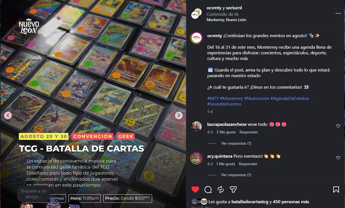 BatallaDeCartas's tweet photo. ¡NUEVO LEÓN ESTÁ LISTO PARA BATALLA DE CARTAS! 🏛️🃏✨

Nos llena de enorme orgullo compartirles que la Secretaría de Turismo de Nuevo León nos ha mencionado en sus redes oficiales como uno de los grandes eventos que impulsan el turismo, el entretenimiento y la pasión en nuestro estado. 🦁🏔️

Una convención de esta escala merece el mejor escenario: nos vemos en Cintermex, el gran y único recinto con la infraestructura y capacidad para albergar un evento de esta magnitud. 🏟️🔥

¡Gracias a toda la comunidad por hacer este proyecto cada vez más grande! Nos vemos en 9 días en las mesas de juego.
.
.
⚔️Batalla de Cartas 2026
📅Sábado 29 y Domingo 30 de agosto de 2026
🏛️Cintermex – Monterrey, Nuevo León
🎟️Adquiere tus boletos: https://t.co/0uhAqC9VSO
.
.
​#BatallaDeCartas #TCGTradingShow #Cintermex #Monterrey #PokemonTCG #MagicTheGathering #YuGiOh #OnePieceTCG #Coleccionistas #NuevoLeon