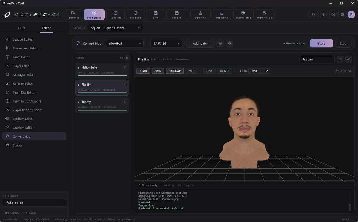 artificialtool's tweet photo. 🔹Converter Hub live: Auto-convert models from FIFA 23, FC 25, and eFootball to FC 26 directly via UI—no Blender needed! (FC 27 support in dev).

🔹 3D previews for all converted models. https://t.co/wg5HKGiTw3