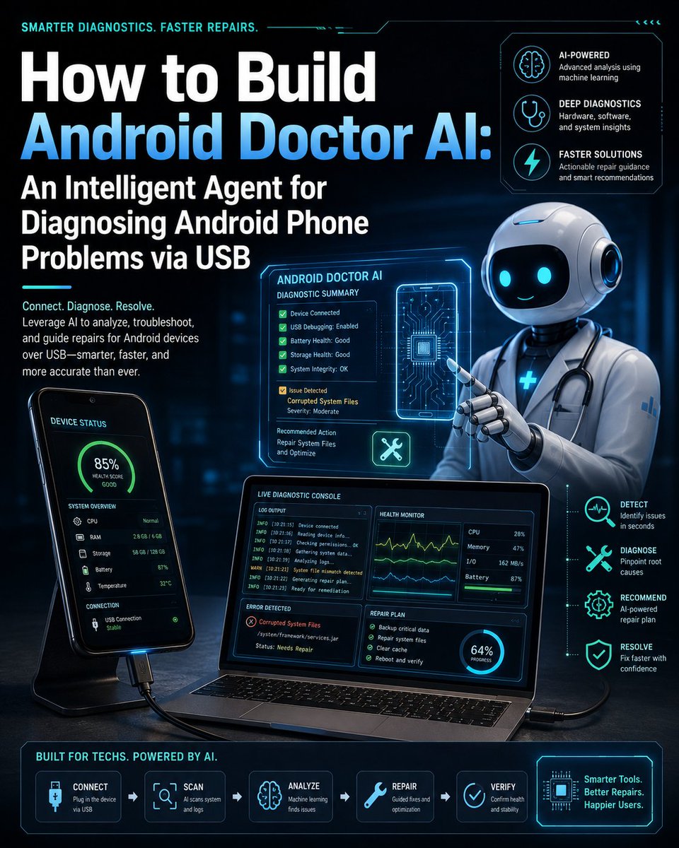 HAGOCommunity's tweet photo. How to Build Android Doctor AI: An Intelligent Agent for Diagnosing Android Phone Problems via USB

Introduction
Android Doctor AI is an AI-powered desktop agent designed to diagnose Android phone problems through a USB connection.

Instead of behaving like a normal chatbot that guesses what might be wrong, the system connects directly to the Android device, collects real diagnostic data, analyzes that information, and then uses an AI agent to decide what tests to run and explain the likely cause of the problem.

For example, a user might say:

My phone gets hot and the battery drains very quickly.

The AI should not immediately answer with generic advice.

Instead, it should inspect the device, check battery activity, CPU usage, background applications, memory usage, system logs, and other relevant signals.

The basic architecture looks like this:

Android Phone
     │
     │ USB
     ▼
Android Doctor Desktop App
     │
     ▼
ADB / Diagnostic Tools
     │
     ▼
Diagnostic Engine
     │
     ▼
AI Agent
     │
     ▼
Diagnosis + Recommended Action
The goal is to build an AI diagnostic agent with real tools, not just a troubleshooting chatbot.
1. Connecting the Android Phone
The first version of Android Doctor AI does not require custom hardware.
The user only needs a normal USB data cable.
Android Phone
     │
     │ USB Data Cable
     ▼
Windows or macOS Computer
The desktop application can use Android SDK Platform Tools, especially:
ADB
Fastboot
ADB is used when Android is running normally.
Fastboot may be used later for supported devices that are in bootloader or Fastboot mode.
For the first MVP, ADB should be the main communication layer.
2. Detecting the Connected Device
When the user connects a phone, Android Doctor AI should first check whether the device is available.
The software can run:
adb devices
A successful connection may look like:
List of devices attached
R58M1234567    device
If the result is:
unauthorized

the application should display a message such as:

Unlock your phone and approve the USB debugging request.

The user must enable USB Debugging and explicitly authorize the computer.

This security model is important because the application should never bypass Android authorization.

3. Building the Device Detector

The first major software module can be called:
DeviceDetector
Its responsibility is to identify the connected phone.
For example:
adb shell getprop ro.product.manufacturer
can be used to identify the manufacturer.
adb shell getprop ro.product.model

can retrieve the model.

adb shell getprop https://t.co/LM776DTM3K.version.release
can retrieve the Android version.
Instead of sending raw command output directly to the AI model, the application should convert everything into structured data.
For example:

{
  "manufacturer": "Samsung",
  "model": "SM-S911B",
  "android_version": "16",
  "connection": "adb",
  "status": "online"
}

This is an important design decision.

The AI agent should operate on structured tools and structured results rather than directly controlling a terminal.

4. Creating Diagnostic Tools

The agent should receive access to a limited set of trusted diagnostic tools.

For example:

get_device_info()
scan_battery()
scan_storage()
scan_memory()
scan_cpu()
scan_background_apps()
scan_crashes()
collect_logs()
collect_bugreport()
run_performance_trace()
test_sensors()

Each tool performs a specific task and returns normalized JSON.
This means the AI is responsible for deciding which diagnostic tool to call, while the application controls exactly what commands are allowed to run.
This architecture is much safer and easier to test.

5. Building the Battery Diagnostic Tool

Suppose the user says:
My battery drains too fast.
The AI agent may decide to call:
scan_battery()

The tool could collect information from commands such as:

adb shell dumpsys battery
and:
adb shell dumpsys batterystats

The raw output should then pass through a parser.

The parser may produce:

{
  "battery_level": 61,
  "charging": false,
  "temperature_status": "normal",
  "high_background_activity": true,
  "suspected_packages": [
    "https://t.co/2tqiFl69jB"
  ]
}

The AI agent receives this smaller structured result instead of thousands of lines of raw data.

This reduces token usage and improves reliability.

6. Building the Storage Diagnostic Tool

If a user reports that the phone has become very slow, storage should be one of the possible causes.

The agent can call:
scan_storage()
The diagnostic layer may inspect storage information using commands such as:

adb shell df -h

The parser can convert the result into:

{
  "storage_total_gb": 128,
  "storage_used_gb": 123,
  "storage_free_gb": 5,
  "usage_percentage": 96,
  "status": "critical"
}
The AI now has useful evidence:
Storage usage: 96%

and can include storage pressure as a possible reason for poor performance.

7. Diagnosing Memory and CPU Problems
For a slow or unresponsive phone, the system should also inspect RAM and CPU activity.
A memory tool could use information from:

adb shell dumpsys meminfo

The diagnostic parser could return:
{
  "memory_pressure": "high",
  "available_memory_mb": 740,
  "heavy_processes": [
    {
      "package": "https://t.co/MlQUYweHOH",
      "memory_mb": 1850
    }
  ]
}
A CPU-related tool can inspect active processes and abnormal resource usage.

The important principle is that the application converts operating-system data into structured findings before the AI sees it.

8. Analyzing Application Crashes

Crash diagnosis can become one of the most valuable features of Android Doctor AI.

Suppose a user says:
This application keeps closing.
or:
My phone randomly restarts.
The agent can call:
scan_crashes()
The diagnostic engine can inspect relevant logs and search for patterns such as:
FATAL EXCEPTION
ANR
Process died
Repeated service failure
System crash
The parser might return:

{
  "crashes_found": 7,
  "repeated_crash": true,
  "package": "https://t.co/2tqiFl69jB",
  "error_category": "memory"
}

The AI can then determine whether the issue appears isolated to one application or may be part of a wider system problem.

9. Using Android Bug Reports

For more complicated problems, Android Doctor AI can include:

collect_bugreport()

This tool can execute:

adb bugreport
A bug report may contain a very large amount of system information.
The wrong architecture would be:
Huge Bug Report
      ↓
LLM
A better architecture is:
Bug Report
      ↓
Parser
      ↓
Important Events
      ↓
Diagnostic Rules
      ↓
Structured Findings
      ↓
AI Agent
This design makes the system faster, cheaper, and more reliable.
10. Adding Performance Tracing
Advanced versions of the product can use performance tracing tools such as Perfetto.
For example, the agent may call:
run_performance_trace()
when the user reports:
The phone freezes every few seconds.

or:

Scrolling has become extremely slow.

Performance tracing can help identify CPU pressure, scheduling problems, excessive activity, or performance bottlenecks.

However, this should not be included in the earliest MVP.

Start with simpler diagnostic signals first.

11. Building an Android Companion App

ADB can provide a large amount of diagnostic information, but it cannot perform every hardware test we may want.

A useful extension is a small Android application called:

Android Doctor Companion
The desktop agent can instruct the companion app to run interactive tests.
Examples include:

Touchscreen Test
Camera Test
Microphone Test
Speaker Test
Vibration Test
Accelerometer Test
Gyroscope Test
Proximity Sensor Test

For example, the AI might say:
I am going to test the accelerometer. Move your phone from left to right.
The Android app records sensor values and sends back a result such as:

{
  "sensor": "accelerometer",
  "available": true,
  "responsive": true,
  "status": "passed"
}

The complete system then becomes:
ADB Diagnostics
       +
Interactive Phone Tests
       +
AI Reasoning
This makes the product much more powerful than a simple USB scanner.

12. How the AI Agent Actually Works

Suppose the user says:

My phone gets hot and loses battery very quickly.
The AI first converts that complaint into structured symptoms:
{
  "complaints": [
    "overheating",
    "battery_drain"
  ]
}
It then decides which tools are relevant:
Battery Scan
CPU Scan
Memory Scan
Background Application Scan
The tools may return:
{
  "battery": {
    "status": "abnormal_drain"
  },

  "cpu": {
    "status": "high_usage",
    "suspected_package": "https://t.co/oE8rCRc2PX"
  },

  "memory": {
    "status": "normal"
  },

  "background_apps": {
    "status": "abnormal",
    "package": "https://t.co/oE8rCRc2PX"
  }
}
Now the AI can reason from real evidence.
For example:
Primary hypothesis:
Abnormal background application activity.

Evidence:
- High CPU usage
- Excessive background activity
- Battery drain detected
- Memory usage is normal
The user may then receive:

An application appears to be consuming unusually high resources in the background. This is currently the strongest explanation for the battery drain and overheating. There is not enough evidence yet to conclude that the phone has a hardware failure.

That is what makes the system an agent, rather than a chatbot.

13. Building a Diagnostic Rules Engine

The AI model should not make every decision by itself.

A rules engine should evaluate objective conditions.

For example:

if storage_usage > 95:
    add_finding("critical_storage")

if repeated_crashes > 5:
    add_finding("repeated_app_crash")

if battery_drain and high_background_cpu:
    add_hypothesis("background_app_battery_drain")
The rules engine handles measurable evidence.
The AI handles:

Understanding the user's complaint
Selecting diagnostic tests
Connecting related findings
Asking follow-up questions
Explaining the problem
Recommending the next action

This hybrid approach is safer and more accurate than allowing the language model to invent diagnoses.
14. Building the Tool Registry
Every tool should have metadata.

For example:

{
  "name": "scan_battery",
  "description": "Analyze battery and charging behavior",
  "risk": "read_only"
}
A tool that changes something may look like:
{
  "name": "restart_device",
  "description": "Restart the connected Android device",
  "risk": "write"
}
A destructive operation could be defined as:
{
  "name": "factory_reset",
  "description": "Erase the device and return it to factory state",
  "risk": "destructive"
}
The AI agent should never directly execute unrestricted shell commands.
It should only call approved tools.
15. Creating a Safety and Permission System
Operations should be classified by risk.

For example:

GREEN
Read-only diagnostics

YELLOW
Low-risk changes

ORANGE
Actions with possible user-data impact

RED
Destructive operations
Examples:
Read battery information
→ GREEN

Collect system logs
→ GREEN

Restart the phone
→ YELLOW

Change important system settings
→ ORANGE

Factory reset
→ RED

Bootloader unlock
→ RED

Firmware flashing
→ RED

Any action that can erase data or significantly modify the system should require explicit confirmation.

The AI should never automatically perform a destructive operation just because it believes it may solve the problem.

16. Diagnosing Phones That Do Not Boot

This should be a later development phase.

The desktop application can first check:

adb devices
If nothing appears, it can check:
fastboot devices

If Fastboot detects the phone, the system may know that Android itself is not currently running.

The diagnostic flow could become:
Phone Does Not Boot
       ↓
Check ADB
       ↓
Not Detected
       ↓
Check Fastboot
       ↓
Device Detected
       ↓
Identify Device
       ↓
Inspect Boot State
       ↓
Determine Recovery Options
This part is significantly more difficult because bootloader behavior and recovery procedures vary across Android manufacturers.
For that reason, it should not be part of the first MVP.
17. Recommended System Architecture
A practical architecture could look like this:
┌─────────────────────────────┐
│      Desktop Interface      │
│      Windows / macOS        │
└──────────────┬──────────────┘
               │
               ▼
┌─────────────────────────────┐
│        AI Agent Core        │
│                             │
│ Understand complaint        │
│ Select diagnostic tools     │
│ Analyze findings            │
│ Recommend next action       │
└──────────────┬──────────────┘
               │
               ▼
┌─────────────────────────────┐
│        Tool Registry        │
│                             │
│ Device Info                 │
│ Battery Scan                │
│ Storage Scan                │
│ Memory Scan                 │
│ CPU Scan                    │
│ App Scan                    │
│ Crash Scan                  │
│ Bug Report                  │
│ Sensor Tests                │
└──────────────┬──────────────┘
               │
               ▼
┌─────────────────────────────┐
│     Diagnostic Engine       │
│                             │
│ Parsers                     │
│ Rules                       │
│ Thresholds                  │
│ Error Patterns              │
└──────────────┬──────────────┘
               │
          ┌────┴─────┐
          ▼          ▼
         ADB     Companion App
18. Suggested Technology Stack
For the first version, the desktop application could use:
Frontend:
React

Desktop Framework:
Tauri
or
Electron
The local diagnostic service could be written in:
Python

Python is a good option for an early prototype because it is convenient for:

Parsing logs
Processing JSON
Running ADB commands
Building diagnostic rules
Integrating AI models

A possible stack is:

React
Tauri
Python
FastAPI
SQLite
ADB Platform Tools
LLM API

The architecture could work like this:

React Interface
      ↓
Local API
      ↓
Python Diagnostic Service
      ↓
ADB
      ↓
Android Phone

19. Creating a Diagnostic Knowledge Base

The system should have a structured knowledge base describing common problems.

For example:

{
  "problem": "battery_drain",

  "symptoms": [
    "battery drains quickly",
    "phone gets warm",
    "battery drops while idle"
  ],

  "tests": [
    "battery_scan",
    "cpu_scan",
    "background_scan"
  ],

  "possible_causes": [
    "background_app",
    "poor_network_signal",
    "software_bug",
    "battery_degradation"
  ]
}

Another problem may look like:
{
  "problem": "slow_phone",

  "tests": [
    "storage_scan",
    "memory_scan",
    "cpu_scan",
    "background_scan"
  ]
}
Over time, the knowledge base can improve using real diagnostic cases.

20. Do Not Let the AI Invent Confidence Scores

If the application displays:
85% Software Issue
15% Hardware Issue
those values should not be generated randomly by the language model.
Instead, the diagnostic engine should calculate a score from actual evidence.
For example:
Repeated application crashes       +30
High background CPU activity       +25
Storage almost full                +20
System services otherwise healthy  +15
The result may become:

Software Evidence Score = 90

The AI can then explain the score.
This makes the diagnosis more transparent and testable.
21. Example User Experience
The user opens the application.
The first screen shows:
ANDROID DOCTOR AI

Connect your Android phone

[ Waiting for device... ]
The user connects a phone.
The application displays:

Samsung Galaxy S23

Android 16

Connected successfully ✓

Then:

What problem are you experiencing?

The user writes:

Battery drains very quickly and the phone gets hot.
The agent responds:
I will run the relevant diagnostics.
No data will be deleted.

The interface then shows:

Battery Analysis       ✓
CPU Analysis           ✓
Background Apps        ✓
Memory Analysis        ✓
System Logs            ✓
After testing:
2 Problems Found

The report may show:

LIKELY CAUSE

Abnormal background application activity

Evidence:
• High background CPU activity
• Excessive battery activity
• Repeated activity from the same application
• Memory status is normal

Then:
Recommended Action

Update or temporarily stop the affected application
and monitor battery usage.
The user can choose:
[ Apply Safe Fix ]

[ Show Technical Report ]
22. The First MVP Should Stay Small

The first version should not attempt to diagnose every Android problem.

A practical MVP could support only ten categories:
Battery drain
Overheating
Slow phone
Storage full
Application crashes
Random restarts
High memory usage
High CPU usage
Abnormal background applications
Basic connectivity problems
Do not begin with:
Automatic firmware flashing
Bootloader unlocking
Advanced motherboard diagnosis
Automatic hardware repair

Those features introduce much more complexity and risk.

23. Practical Development Roadmap

Phase 1: Device Detection

Make the application detect an Android device using:

USB
↓
adb devices
↓
Phone Detected

Phase 2: Device Information
Retrieve:
Manufacturer
Model
Android Version
Battery Status
Storage Information

Phase 3: Diagnostic Tools

Build individual modules for:

Battery
Storage
Memory
CPU
Applications
Logs

Phase 4: Parsers

Convert raw command outputs into consistent JSON.

Phase 5: Rules Engine

Define thresholds, patterns, and diagnostic findings.

Phase 6: AI Agent Integration

Give the AI access to the approved diagnostic tools.

Phase 7: Complaint-Based Diagnostics

Allow the user to describe the problem naturally and let the agent decide which tests to run.

Phase 8: Diagnostic Report
Generate a clear report with:
Symptoms
Tests performed
Evidence found
Likely cause
Recommended action

Phase 9: Safe Fixes

Add low-risk actions that the user can approve.

Phase 10: Companion Android Application
Add interactive testing for sensors and hardware-related functions.
24. The Most Important Design Principle
The AI model should not be the measurement device.
The correct architecture is:
Real Android Data
        ↓
Diagnostic Tools
        ↓
Rules Engine
        ↓
Evidence
        ↓
AI Agent
        ↓
Explanation + Decision
Not:
User Complaint
       ↓
AI Guess
This is the difference between a simple troubleshooting chatbot and a real diagnostic product.
Conclusion

Android Doctor AI can be built without custom hardware in its first version.

The user only needs:

Android Phone
+
USB Data Cable
+
Windows or macOS Computer
+
Android Doctor AI Software

The desktop application collects real Android diagnostic information through ADB and related tools.
A diagnostic engine converts raw system information into structured evidence.
A rules engine detects abnormal conditions.
Finally, the AI agent chooses the appropriate tests, connects the findings, explains the likely problem, and recommends the next action.
The complete experience becomes:
User describes the problem
        ↓
AI understands the symptoms
        ↓
Agent selects diagnostic tools
        ↓
Phone is scanned through USB
        ↓
Diagnostic engine collects evidence
        ↓
Rules engine evaluates findings
        ↓
AI determines the likely cause
        ↓
User receives a clear explanation
        ↓
Safe fixes can be performed with approval
This turns Android Doctor AI into a genuine AI-powered Android diagnostic agent, rather than a chatbot that simply provides generic troubleshooting advice.