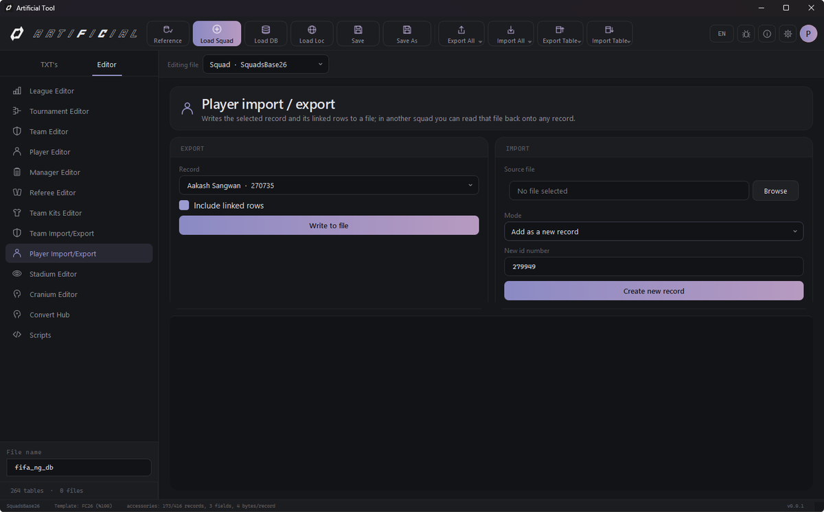artificialtool's tweet photo. 🔹Batch or single import/export for teams and players.

🔹Next up: Layout integration for the remaining pages &amp; custom editors!

🔹Don't forget to follow us for future updates!

#FC27 #FC26 #EASportsFC #Modding https://t.co/Ysa0Mg3XL4