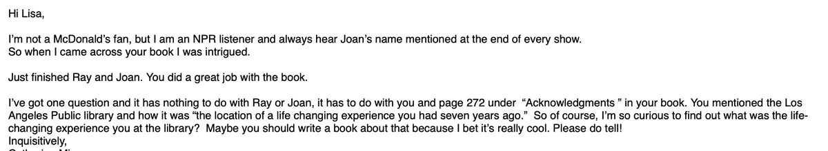 lisanapoli's tweet photo. Finally, someone gets that my 2016 biography from @DuttonBooks about philanthropist Joan Kroc was aimed not at @McDonalds consumers but @NPR listeners. And no one at @laplcentral has ever asked this Q that a reader just did: https://t.co/OZbG14tYTL