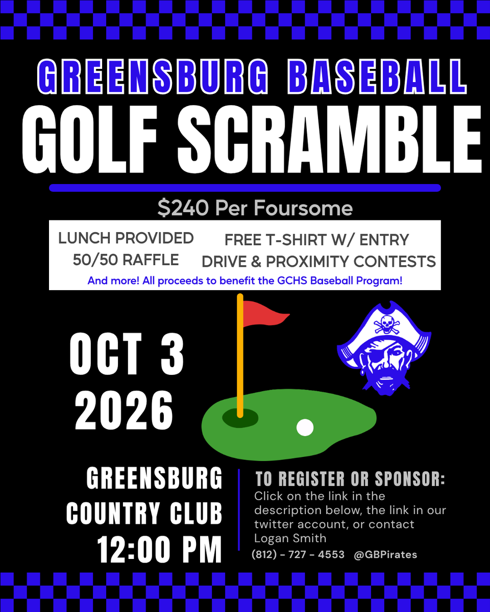 PiratesGB's tweet photo. GREENSBURG PIRATE BASEBALL GOLF SCRAMBLE IS BACK!
- October 3rd
- At Greensburg Country Club
- Noon Shotgun Start
- 4 Man Scramble at $240 per team (GCC Members $10 off each)

https://t.co/3ZqF8TwFYY
^Link to register^

Please like and share! Go Pirates! https://t.co/lEbL0d394B