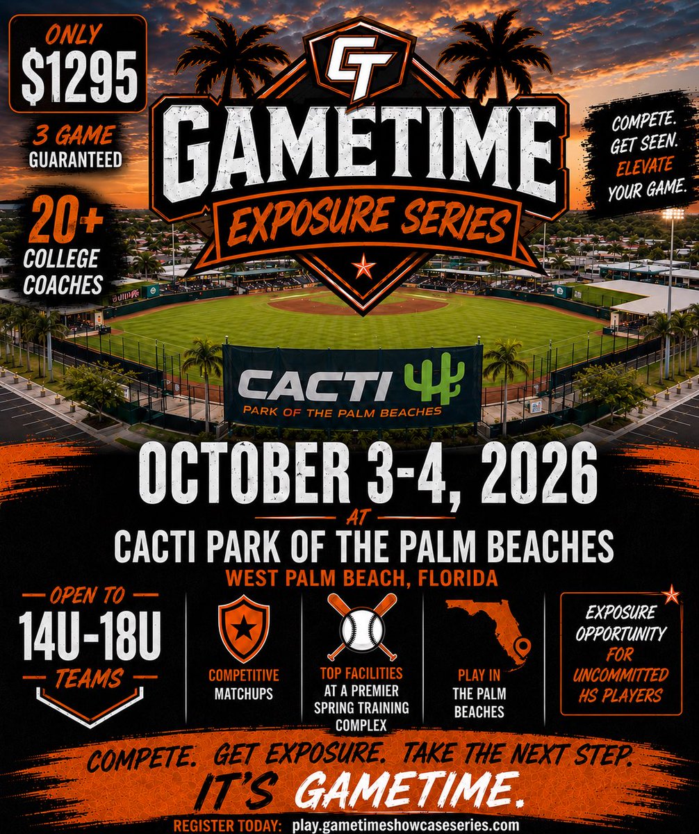 GameTimeRecruit's tweet photo. 2027-2030 GRADS TEAMS

STOP ATTENDING EVENTS WITHOUT COLLEGE COACHES ATTENDING, you are wasting your time and money! At these 3 events below we will guarantee that college coaches will be in attendance! 

🔥 Limited spots available — don’t wait until it’s full.

Schools scheduled to attend (more being added):
Bethune-Cookman • Erskine • Barry • Lynn • Saint Leo • Florida Southern • Edward Waters • Keiser • Webber • Warner • St. Thomas • Florida National • URBE • Polk State • HCC • Florida SouthWestern • St. Johns River • Daytona State • Monroe (Bronx) • Andrew College • Polk State

📅 September 26-27th
📅 October 3-4th
📅 October 31st -Nov 1st
🎓 2027–2030 Grads TEAMS
💥 20+ COLLEGE COACHES at each event 
📱 Social Media Coverage
⚾️ 3 Games

PRICING ( Multi team & event discounts available) 
💰 $1295

👉 REGISTER TODAY:
https://t.co/1epjwNxYaK

Tag a 2027, 2028, 2029 or 2030 player or teams  who needs to be at this event! 👇⚾️