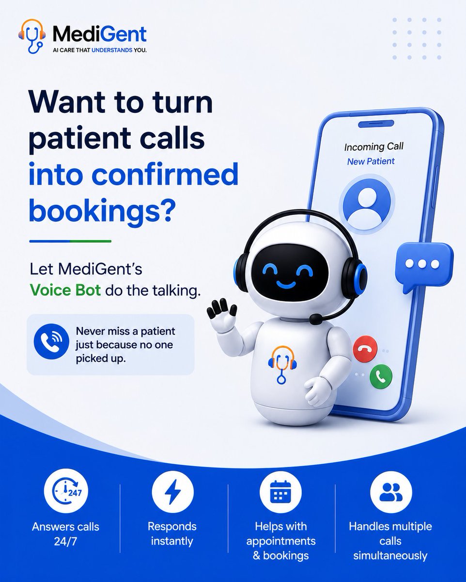 medigent_'s tweet photo. Every missed call could mean a missed patient. 📞 MediGent Voice Bot answers instantly, helps with bookings, and stays available 24/7—bringing AI-powered healthcare, smart voice automation, seamless patient engagement, and effortless appointment booking to your clinic. Let MediGent answer.
