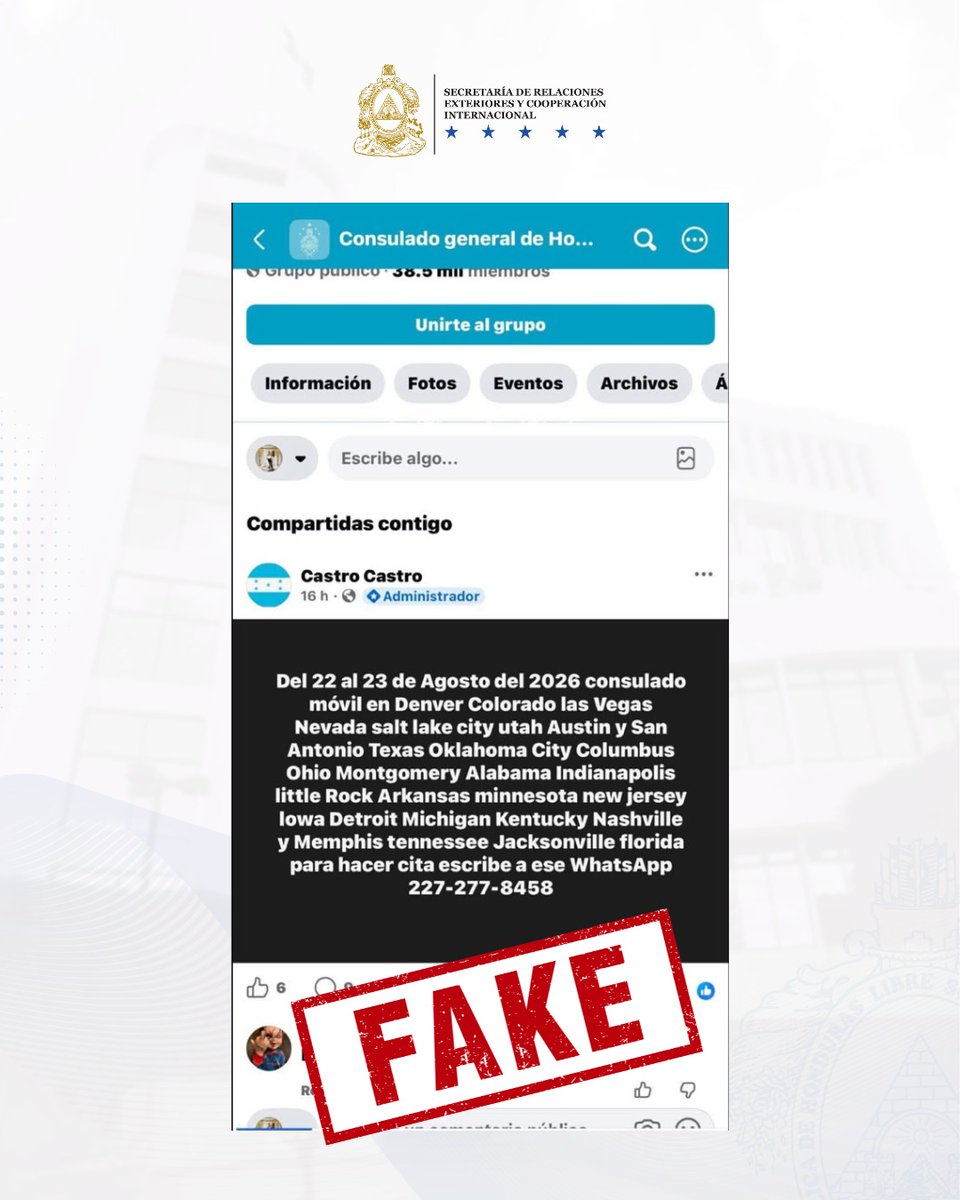 CancilleriaHN's tweet photo. ⚠️ ¡𝐀𝐓𝐄𝐍𝐂𝐈Ó𝐍! 𝐈𝐍𝐅𝐎𝐑𝐌𝐀𝐂𝐈Ó𝐍 𝐅𝐀𝐋𝐒𝐀

Circula información falsa sobre un supuesto 𝗖𝗼𝗻𝘀𝘂𝗹𝗮𝗱𝗼 𝗠ó𝘃𝗶𝗹 𝗲𝗻 𝗡𝗮𝘀𝗵𝘃𝗶𝗹𝗹𝗲, 𝗧𝗲𝗻𝗻𝗲𝘀𝘀𝗲𝗲.

Verifique siempre la información en los canales oficiales de @CancilleriaHN . No se deje engañar. https://t.co/Mxrc8QALtt