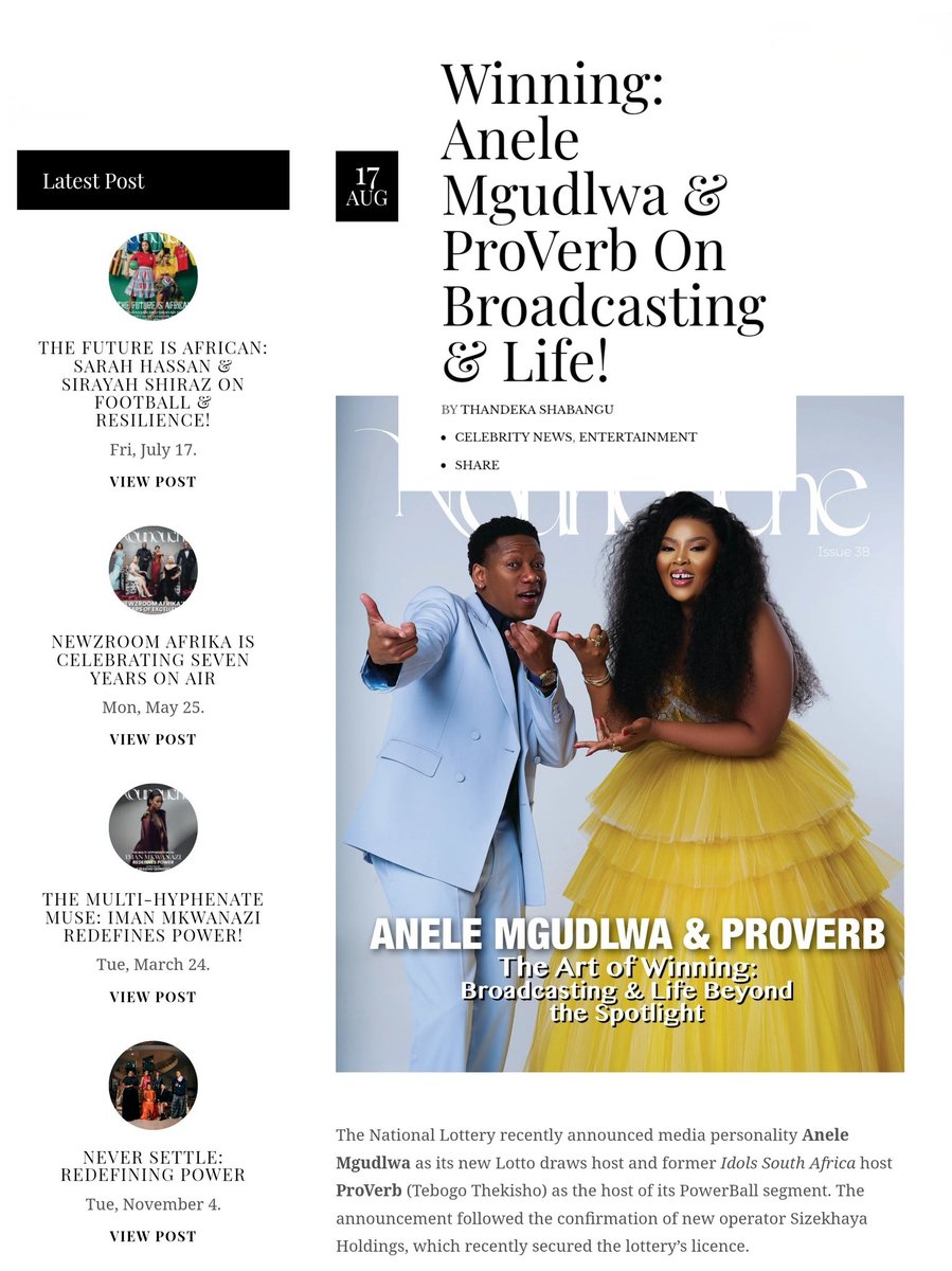 ProVerbMusic's tweet photo. Grateful to Nounouche for the honour of sharing this cover with the incomparable Sis Anele Mgudlwa, someone I deeply admire and continue to learn from.

Equally humbled by the trust placed in me to host the PowerBall live draws, a responsibility and privilege I never take for granted. 

Thank you for capturing this chapter of our journeys so beautifully.

Read the full feature, “The Art of Winning”, here:

https://t.co/wW48jThdc8 @Anele
