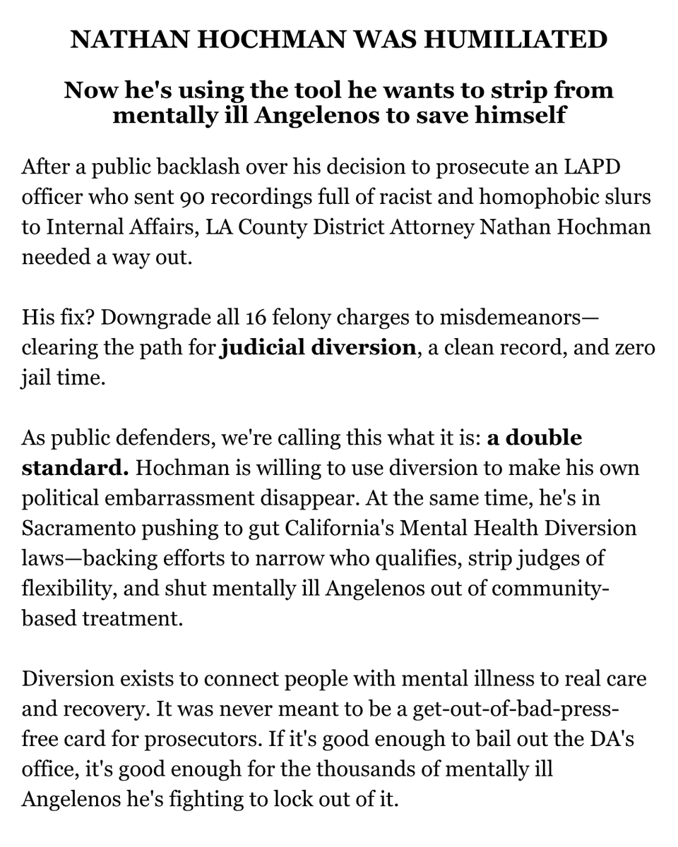 LApubdefunion's tweet photo. Diversion saved @NathanHochmanDA 's office from a scandal. Why won't he let it save mentally ill Angelenos too? #LAPD

https://t.co/eJFXdK8jPF https://t.co/4zr8KUgtau