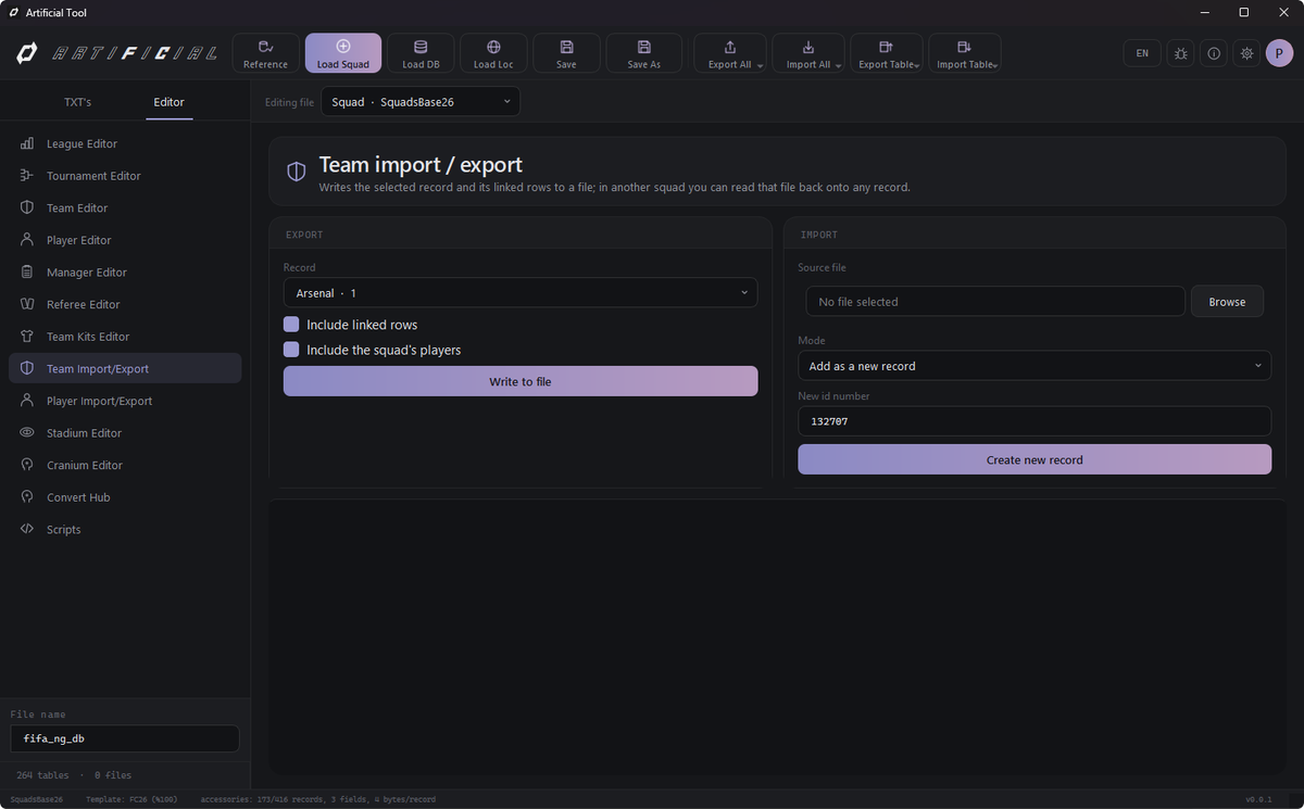 artificialtool's tweet photo. 📢Artificial Tool 0.0.1 Development Notes  

🔹Editing and import/export for FC 25/26/27 Squad, DB &amp; Loc files. 

🔹Batch or single import/export for teams and players. 

🔹New Custom UI Layout is complete, alongside the Classic Table view.(more to come based on your feedback). https://t.co/gxQBPa2ZRy