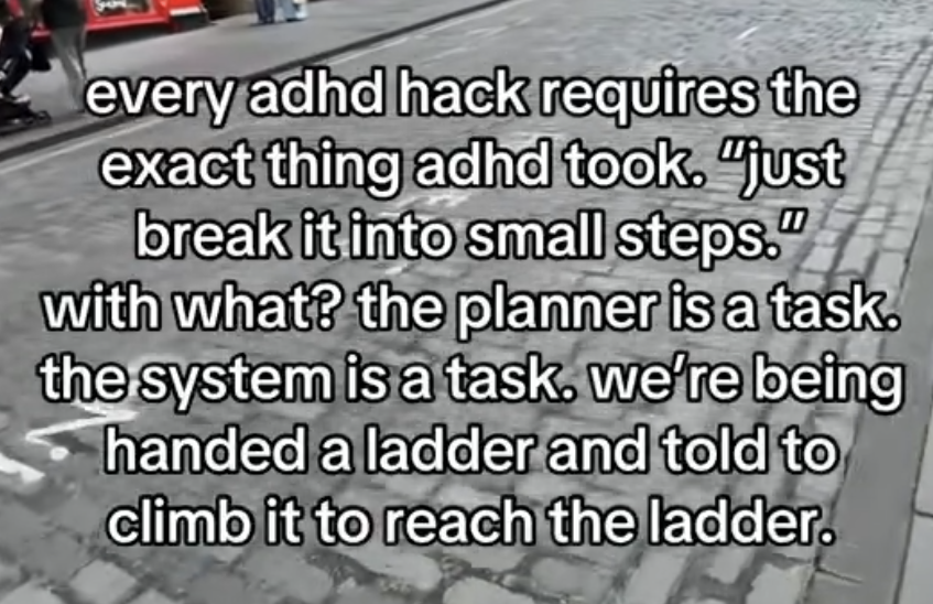 ruinroux's tweet photo. Saw this yesterday and realized it's why all the little "ADHD hacks" just don't seem to work for me. I thought I was just so broken I couldn't even ADHD right https://t.co/a4FaUpiypm