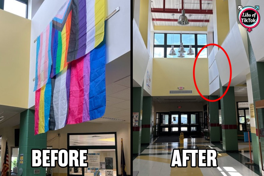 libsoftiktok's tweet photo. BREAKING UPDATE: It appears that Mount Anthony Middle School in Vermont has REMOVED the collection of LGBTQ flags hanging inside the school following our report. https://t.co/Fq3v64sr30