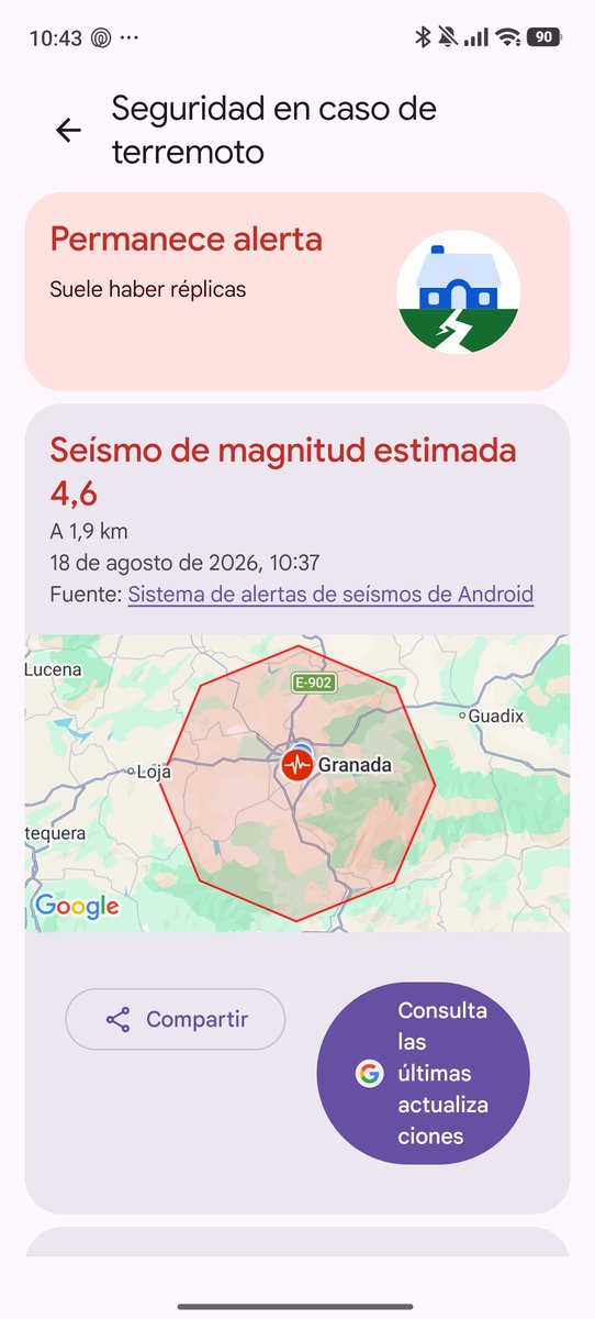AureaGdeA's tweet photo. @begoodgarcia A mí me sonó ayer la alerta de android. Tenía el teléfono en silencio y sonó durante el temblor. La ubicación sí estaba activada. Lo malo es que solo salta cuando se acerca o sube de 4,5 https://t.co/WJQfkzCMDt