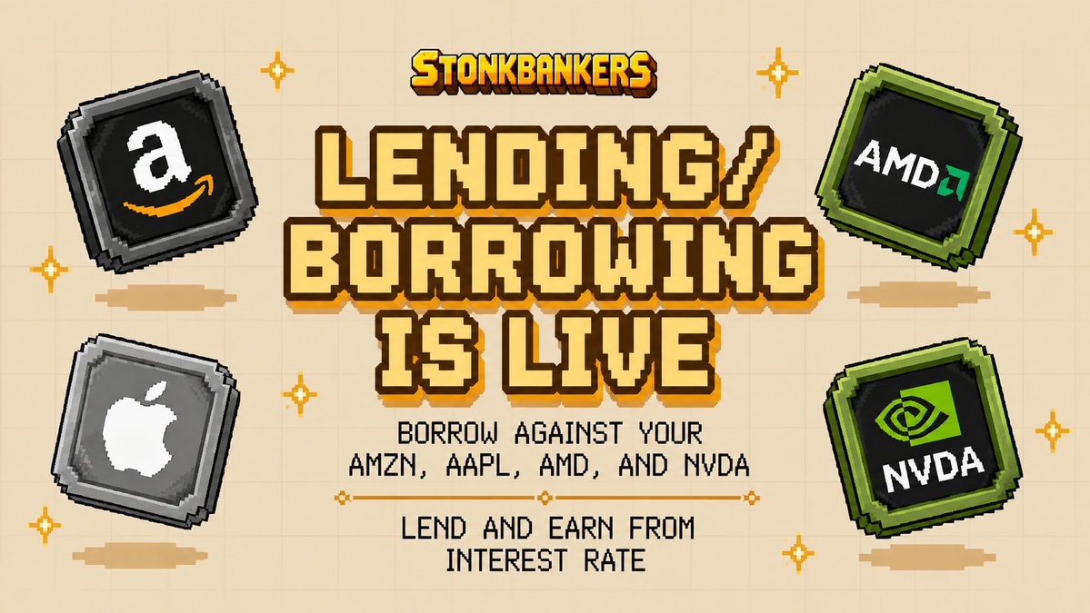 stonkbankers's tweet photo. 𝗣𝟮𝗣 𝗟𝗲𝗻𝗱𝗶𝗻𝗴 𝗠𝗮𝗿𝗸𝗲𝘁𝗽𝗹𝗮𝗰𝗲 𝗶𝘀 𝗹𝗶𝘃𝗲!🤝
• Borrow against your AMZN, AAPL, AMD and NVDA.
• Lend your USDG and earn.

1/ How does this work? Read below 🧵 https://t.co/wczuoh1645