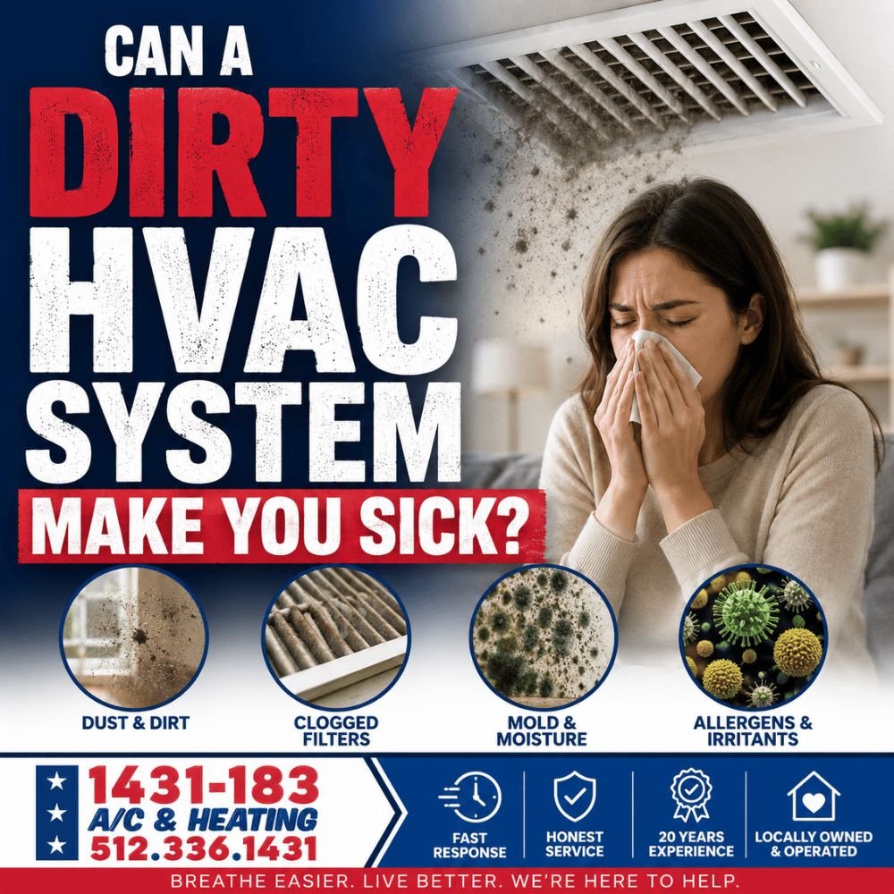1431ACHeating's tweet photo. 🤧 Can a dirty air conditioning system make you sick?

If you notice musty smells, extra dust, or worsening allergies, it may be time for an inspection.

https://t.co/ouLfGQHBLi

📞 512-336-1431

#1431AC #IndoorAirQuality #RoundRockTX #ACMaintenance https://t.co/mwYshecv9C
