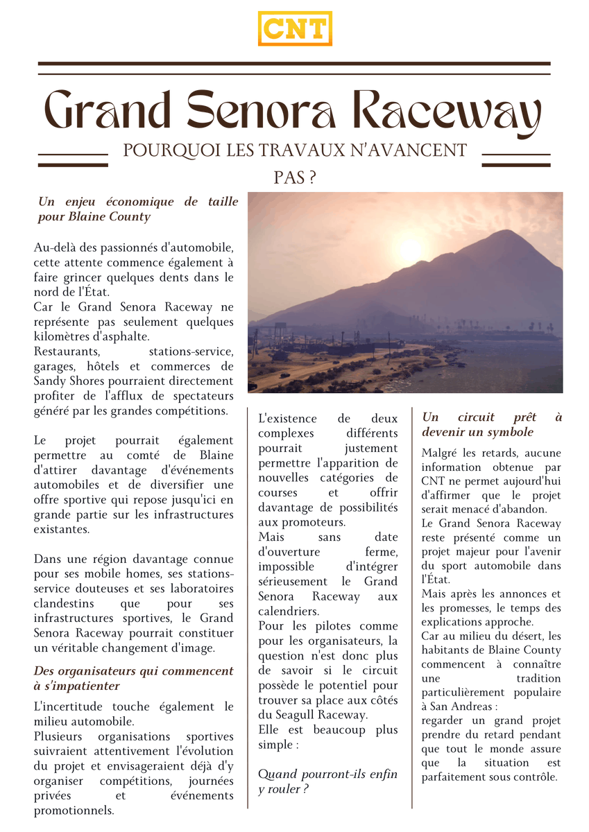 CNT_Sadoj's tweet photo. 🟡 Grand Senora Raceway : Pourquoi les travaux n'avancent pas ?

CNT a mené l'enquête.

#CNT #GrandSenora #BlaineCounty https://t.co/W9i20IKs5A