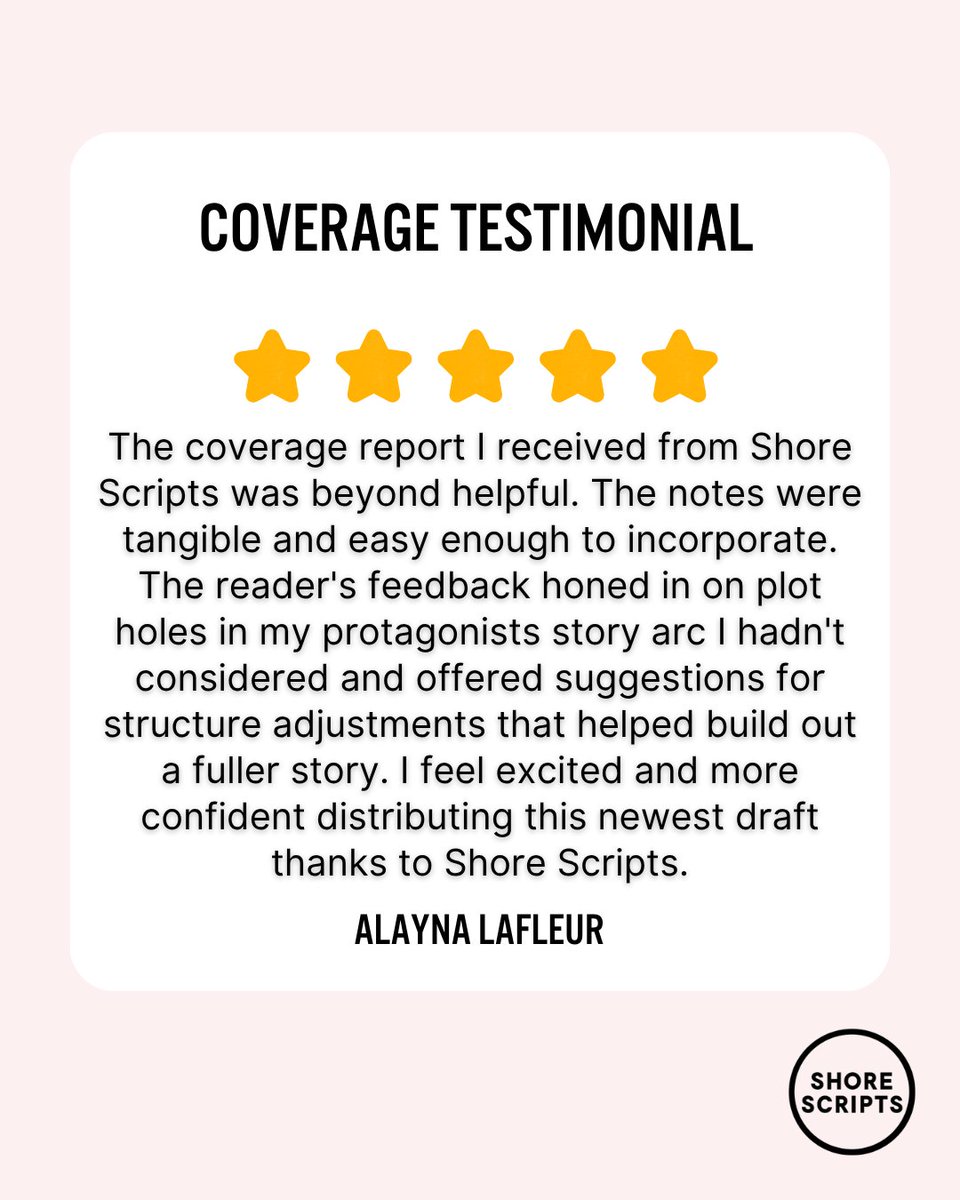 ShoreScripts's tweet photo. Every screenplay benefits from a fresh perspective and our experienced readers provide detailed, constructive feedback to help you identify what’s working, uncover what needs attention, and give you a clear path forward. #screenwriting #scriptcoverage

https://t.co/WTu67y3ll4 https://t.co/5Svt9BPJ5j