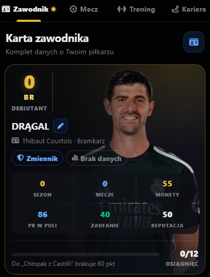 meczrealu's tweet photo. Siemanko Wariaty, mały upgrade odnośnie giereczki.   

Wersja 1.0 Giereczki "Kariera" by Admin MeczRealu, jest praktycznie gotowa - tzn. wyjdzie w praniu, bo nie robiłem zbytnio symulacji XD, ale trzymajcie kciuki, za mój mózg i AI. Mechanizmy wydają się działać, treningi, bonusy, skrzyneczki itp wszystko śmiga jak należy...   Dopiero po pierwszym meczu będziemy mogli wyciągnąć jakieś błędy i niedociągnięcia.   

Jak to działa❔ 

Wybierasz jednego zawodnika Realu na cały sezon. Pomiędzy meczami rozwijasz jego karierę, formę, cechy, a przed spotkaniem ustawiasz treningi i zadania. Po meczu system pobiera prawdziwe dane - skład, minuty, gole, kartki, oceny oraz dostępne statystyki podań, strzałów, dryblingów, pojedynków i obrony — i przelicza je na punkty. Każda pozycja ma inną punktacje, tak samo zawodnicy mają różne przeliczniki punktów.  

 Łapcie kilka zdjęć z gierki - to głównie dla osób które nie mają u Nas konta.