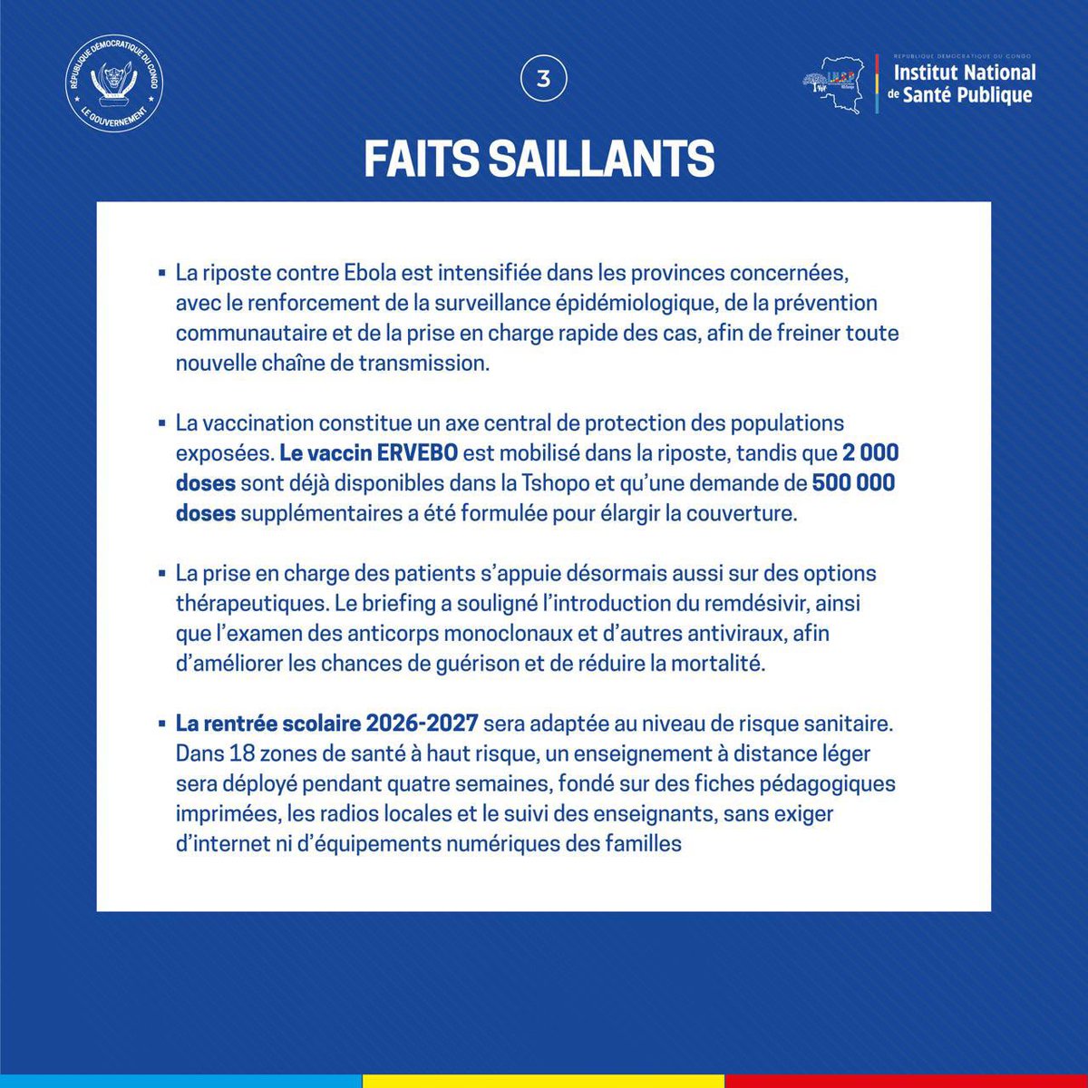 stopebolaoff's tweet photo. 🚨 #EbolaRDC | 18 août

🔹 5 208 cas confirmés
🔹 1 115 guérisons
🔹 730 patients pris en charge
🔹 2 476 décès

56 zones de santé dans 6 provinces sont touchées. Suivi des contacts : 84 %.

📞 Symptômes suspects : 151

#StopEbola https://t.co/hADvEAoiPw