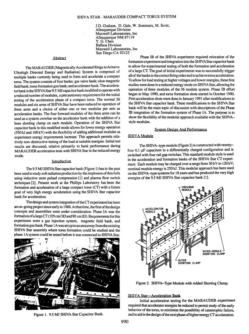 MILITARYOS1NT's tweet photo. 1965: USAF commissions Kugelblitz study.
1982: Shiva Star 9.4 MJ capacitor bank built at Kirtland AFB.
1988-1993: MARAUDER - compact toroid acceleration for weapons effects.
DTIC explicitly states: "NOT a magnetic confinement fusion program. "
Sources:
MARAUDER (OSTI): https://t.co/KDEUSIv2rq
MARAUDER IEEE PPC 1991: https://t.co/DUyl5qJZfu