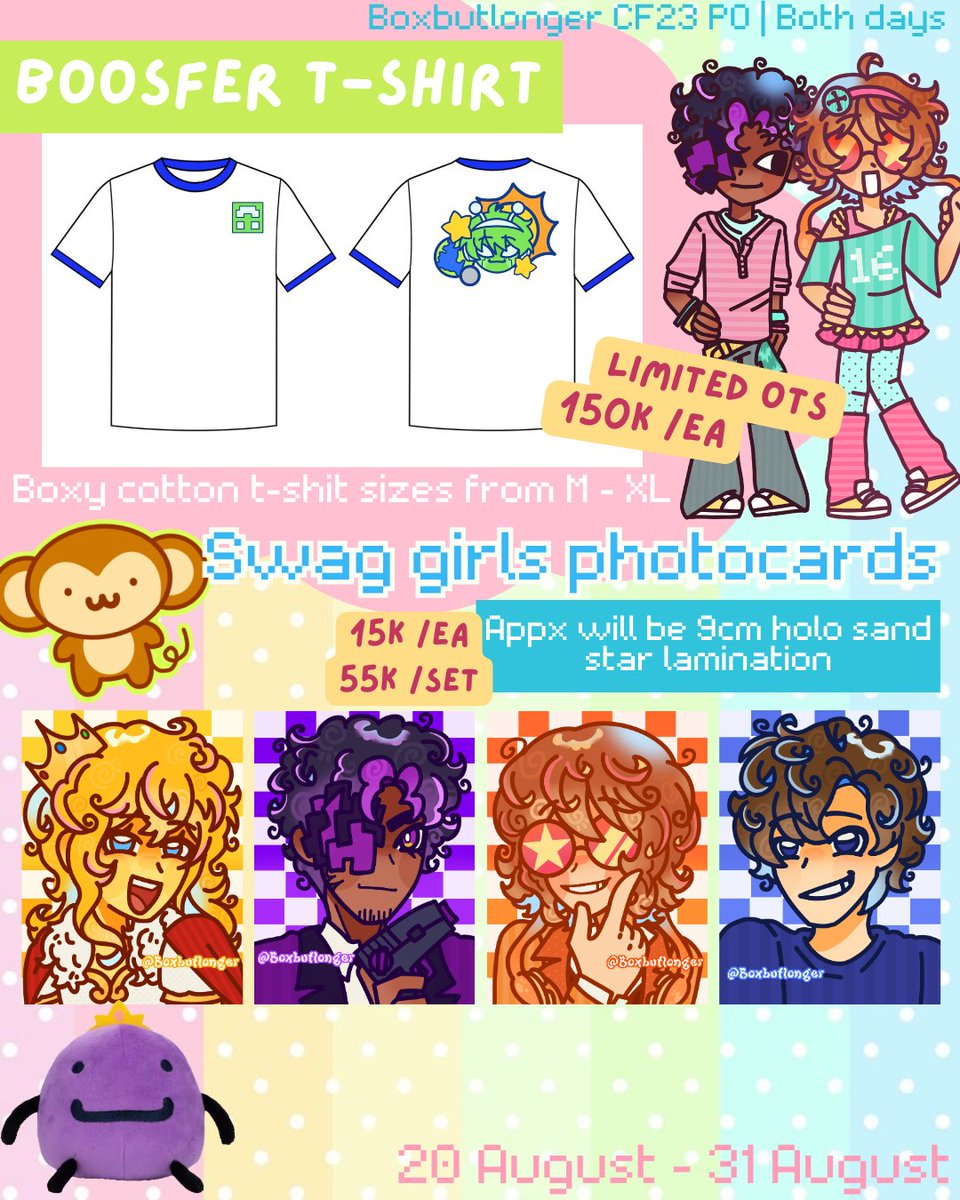 Boxbutlonger's tweet photo. [🩷&amp;🔄 appreciated!!]
Helloo? BOOM!! Here is my #CF23 Preorder batch 1!! >_<

📅: 20 August - 31 August 
🍥: Both days
🍀: Booth number TBA
📝: MCYT (Lifesteal SMP, Unstable Universe, Strength SMP, and specific cc), Weezer, Fallout, Eddsworld, and originals
🍰 PO link below (4/5) https://t.co/7tM7UV0SBa